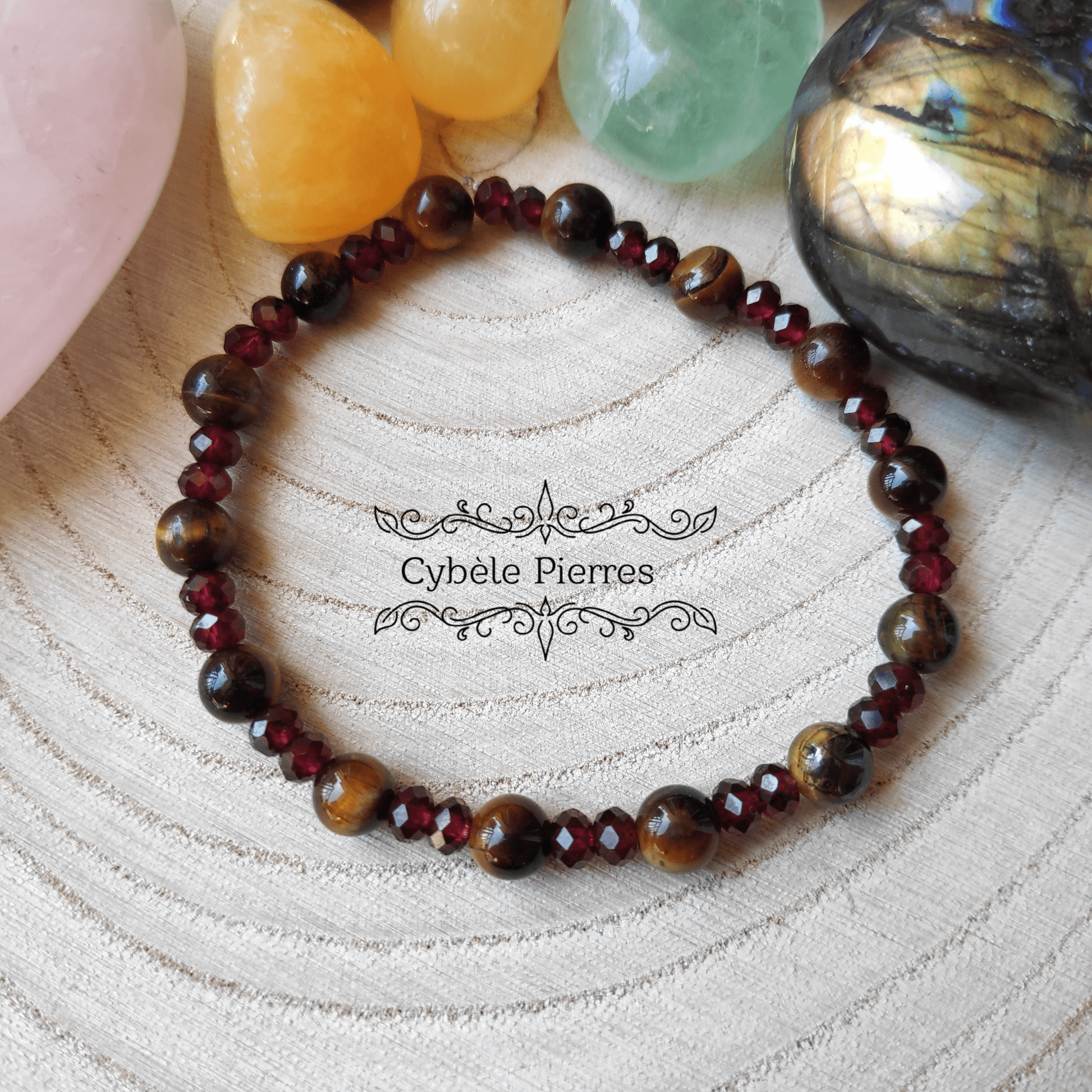 Bracelet Optimisme et Energie - Grenat et Oeil de tigre (3mm et 6mm) - 17cm - Cybele Pierres