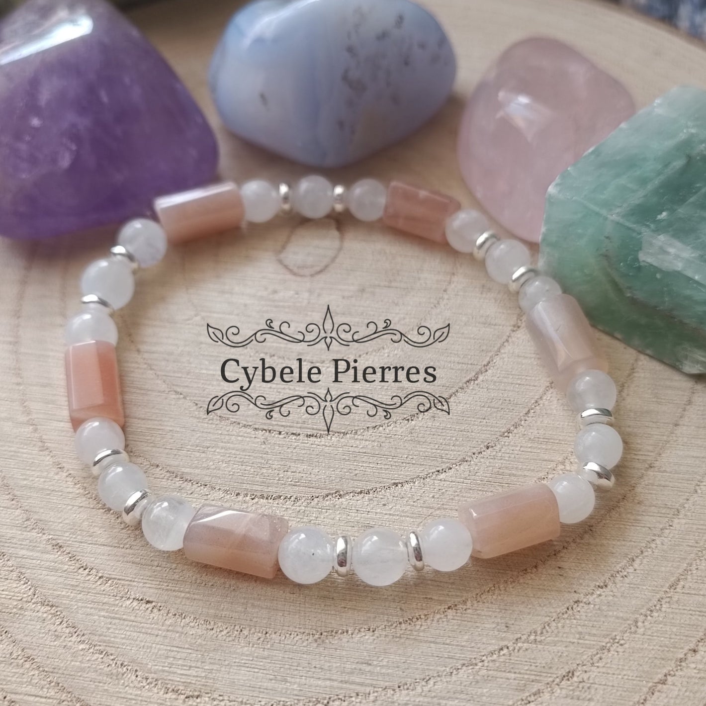 Bracelet Oracle - Pierre de Soleil et labradorite blanche - (8 et 10mm) - 18cm - Cybele Pierres