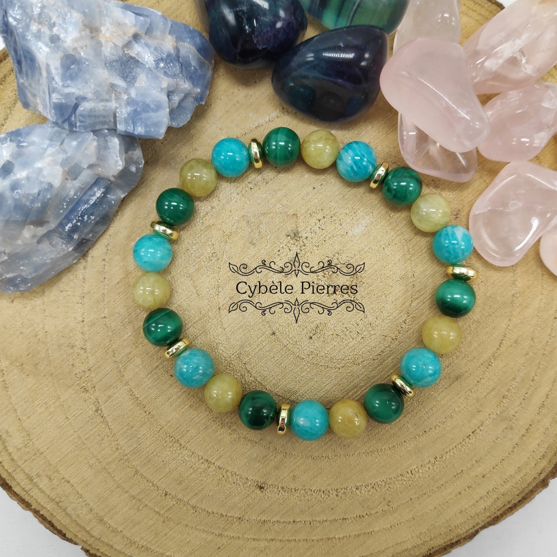 Bracelet Orchidée - Malachite Amazonite et Héliodore (8mm) - 19cm - Cybele Pierres
