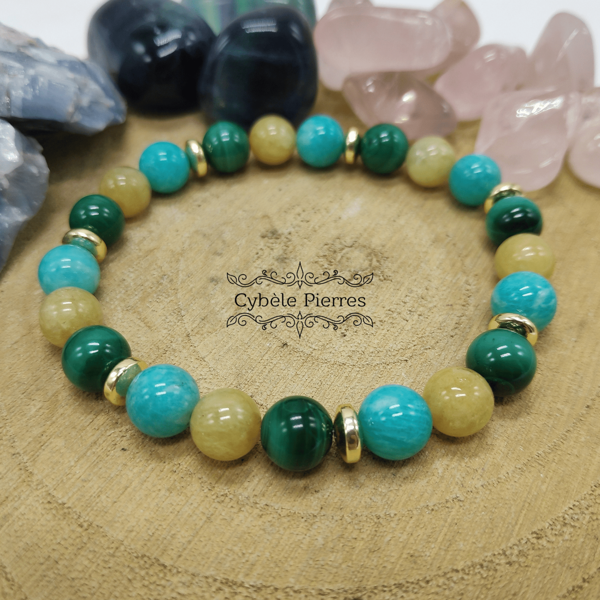 Bracelet Orchidée - Malachite Amazonite et Héliodore (8mm) - 19cm - Cybele Pierres