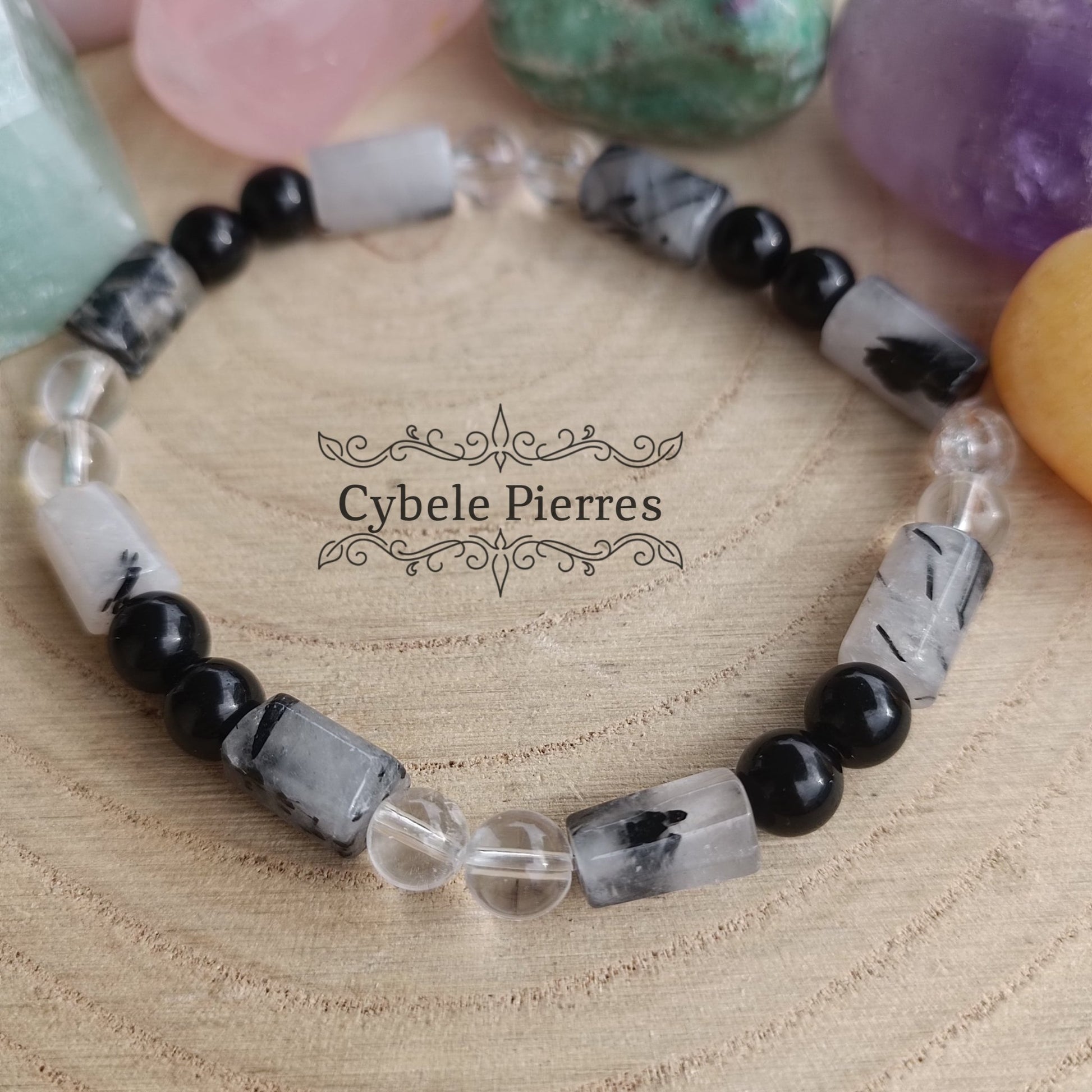 Bracelet Panda - Quartz Tourmaline et Cristal de Roche (6 et 10mm) - 18cm - Cybele Pierres