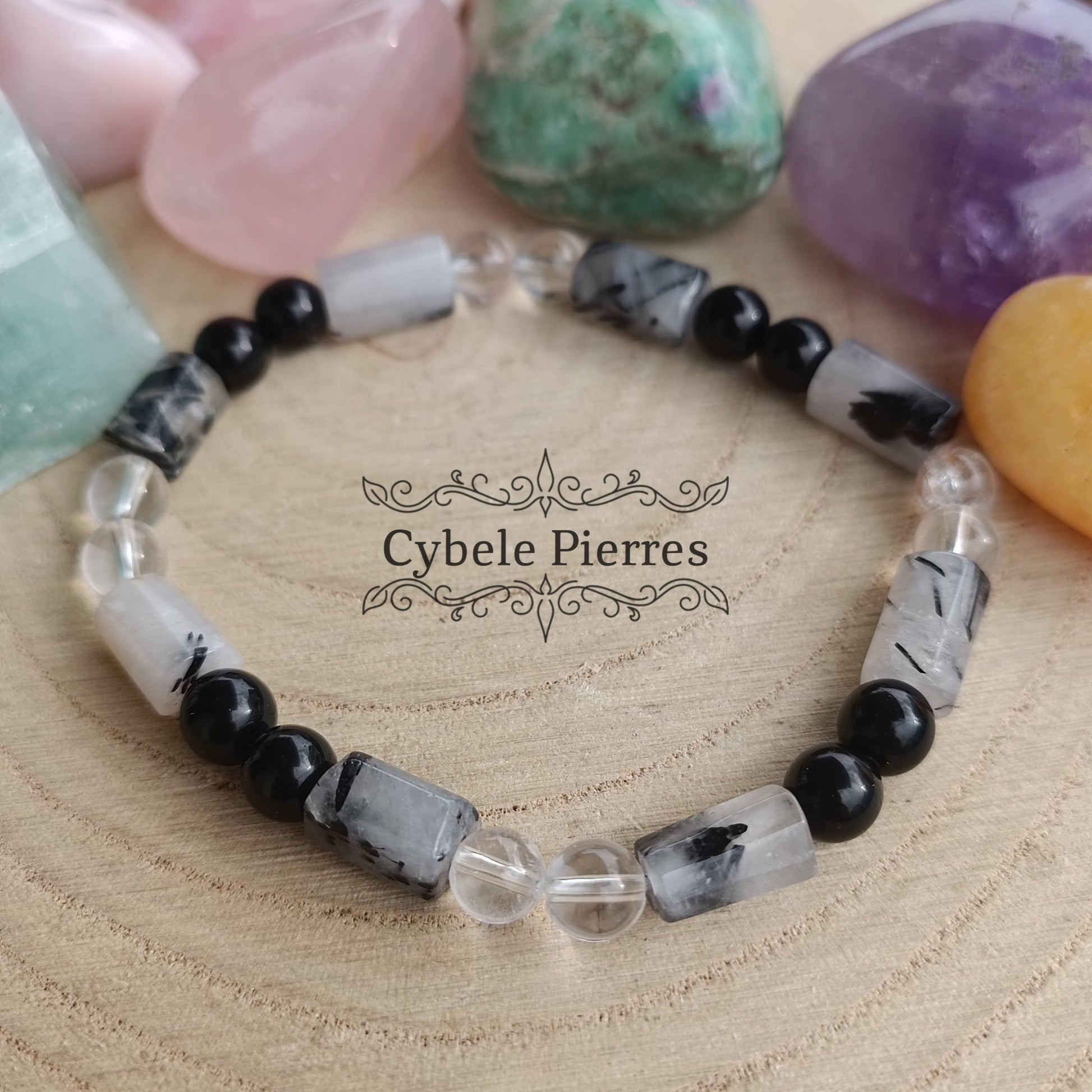 Bracelet Panda - Quartz Tourmaline et Cristal de Roche (6 et 10mm) - 18cm - Cybele Pierres