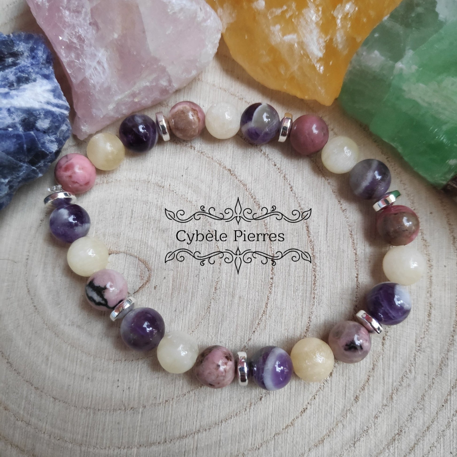 Bracelet Pardon - Améthyste, Calcite orange et Rhodonite (8mm) - 18cm - Cybele Pierres