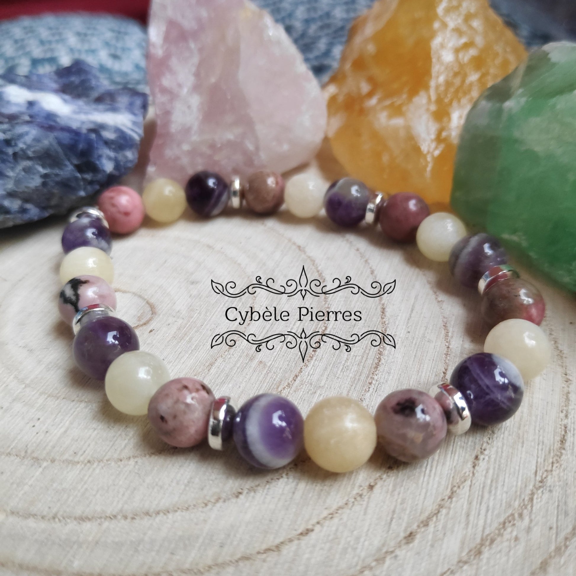 Bracelet Pardon - Améthyste, Calcite orange et Rhodonite (8mm) - 18cm - Cybele Pierres