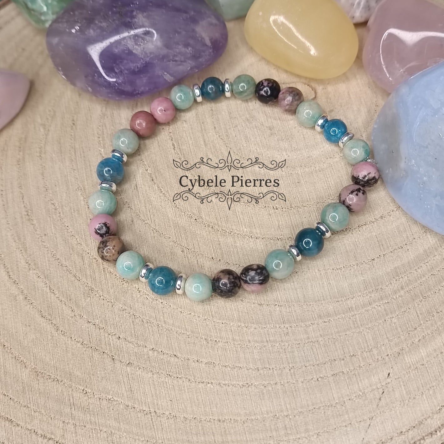 Bracelet "Parole du Coeur" - Apatite bleue, Rhodonite et Amazonite (6mm) - 17cm - Cybele Pierres