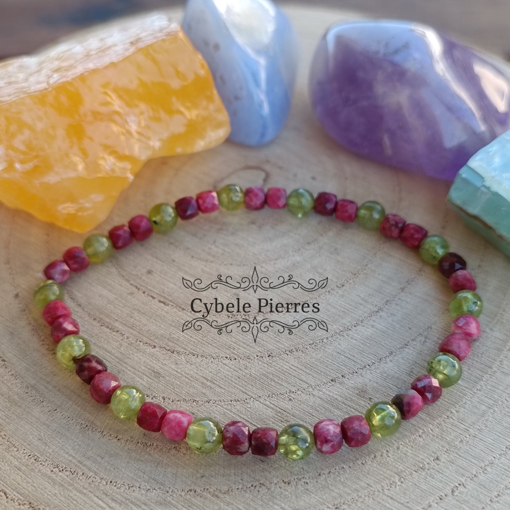 Bracelet Pastèque - Thulite et Péridot (4 et 6mm) - 18cm - Cybele Pierres
