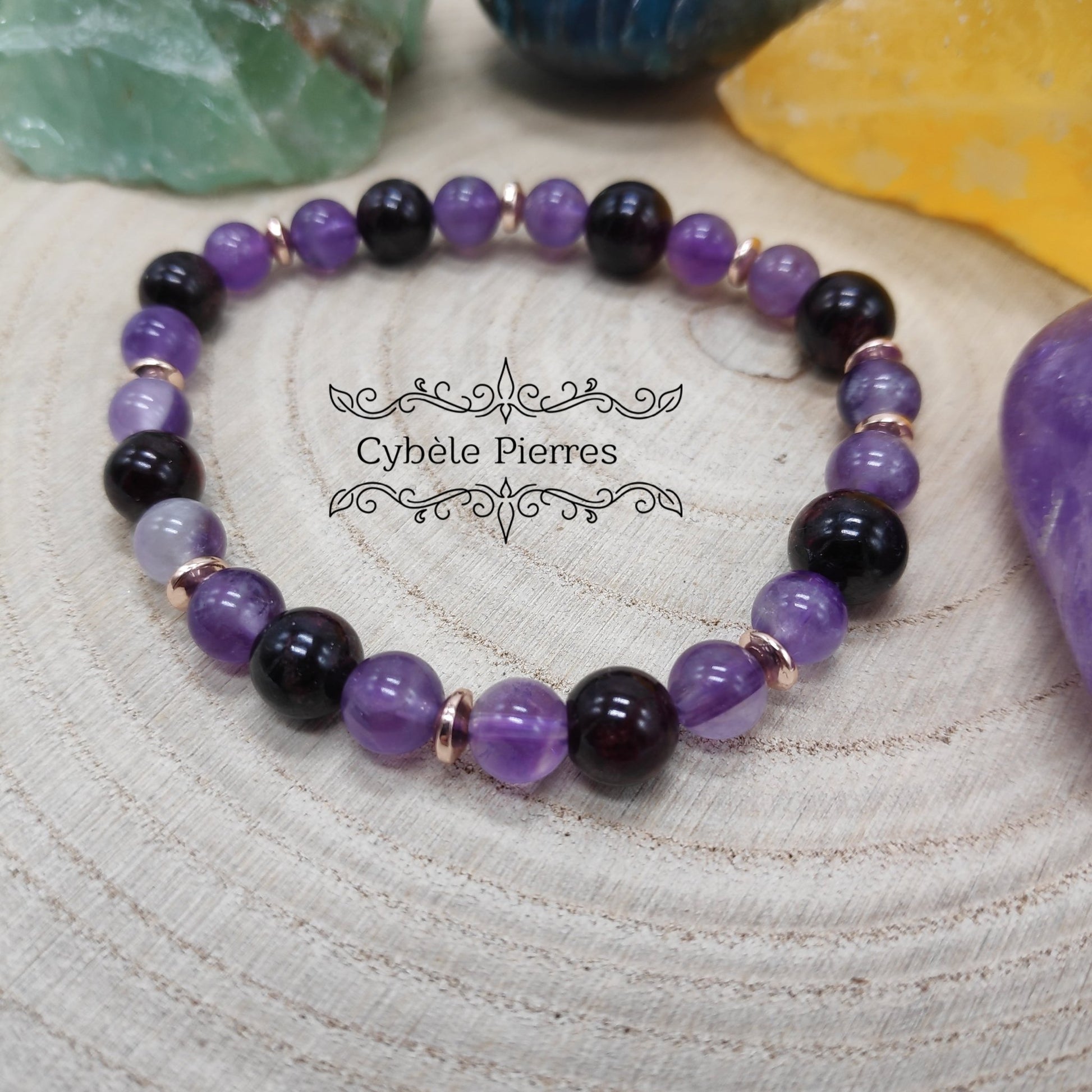 Bracelet Patience - Améthyste et Grenat (6 et 8mm) - 18cm - Cybele Pierres