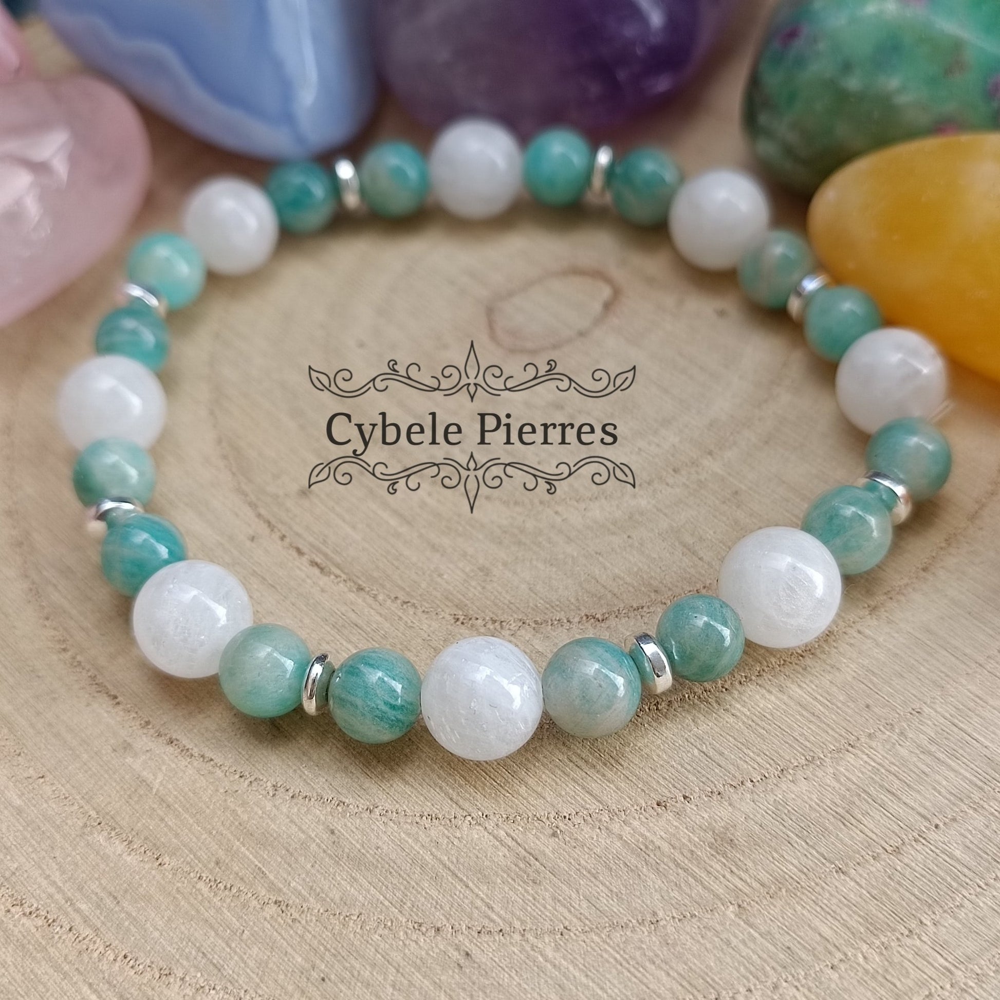 Bracelet Perception et Intuition - Pierre de lune blanche et Amazonite (8mm et 6mm) - 18cm - Cybele Pierres
