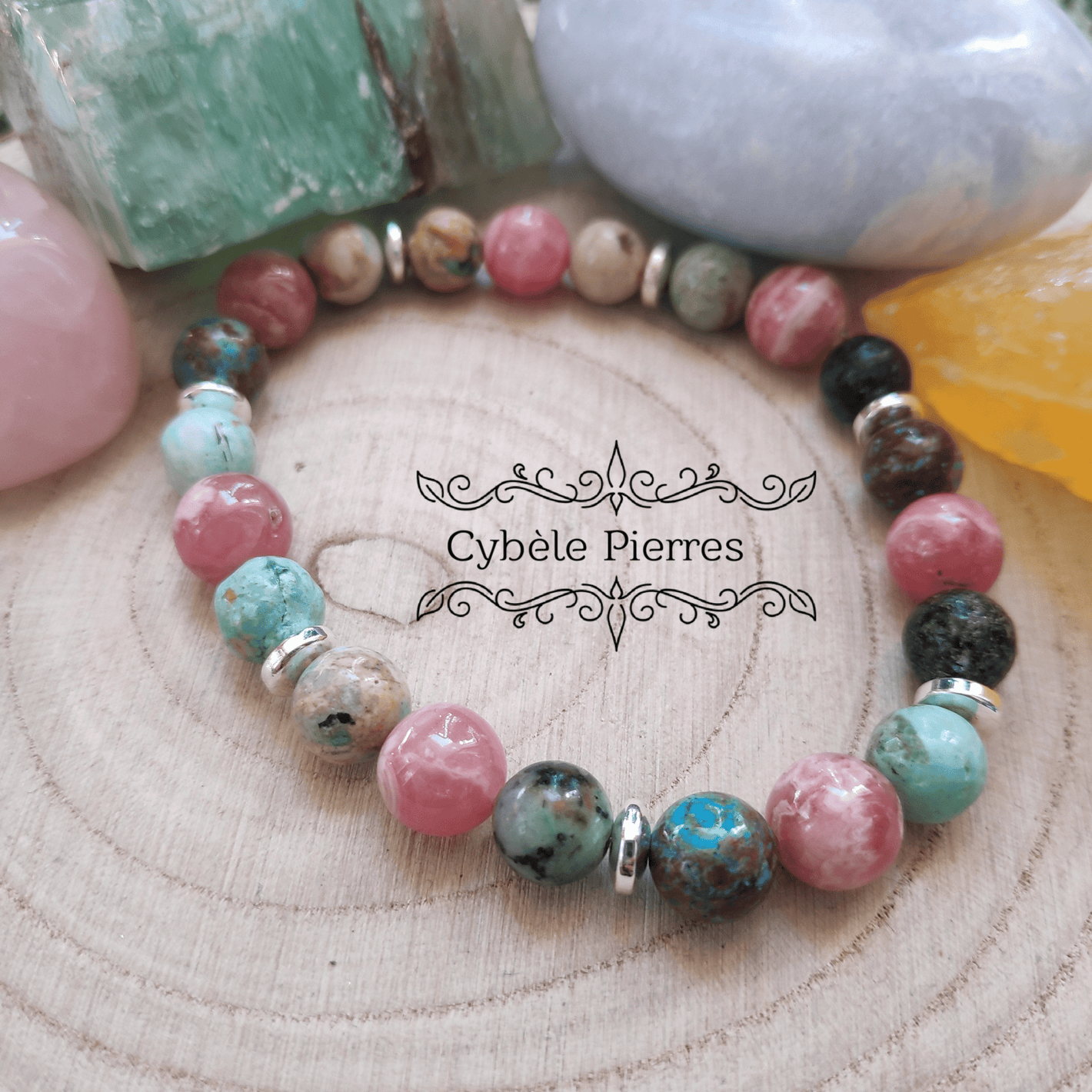 Bracelet Petit Coeur - Chrysocolle Extra & Rhodochrosite (8mm) - 19cm - Cybele Pierres