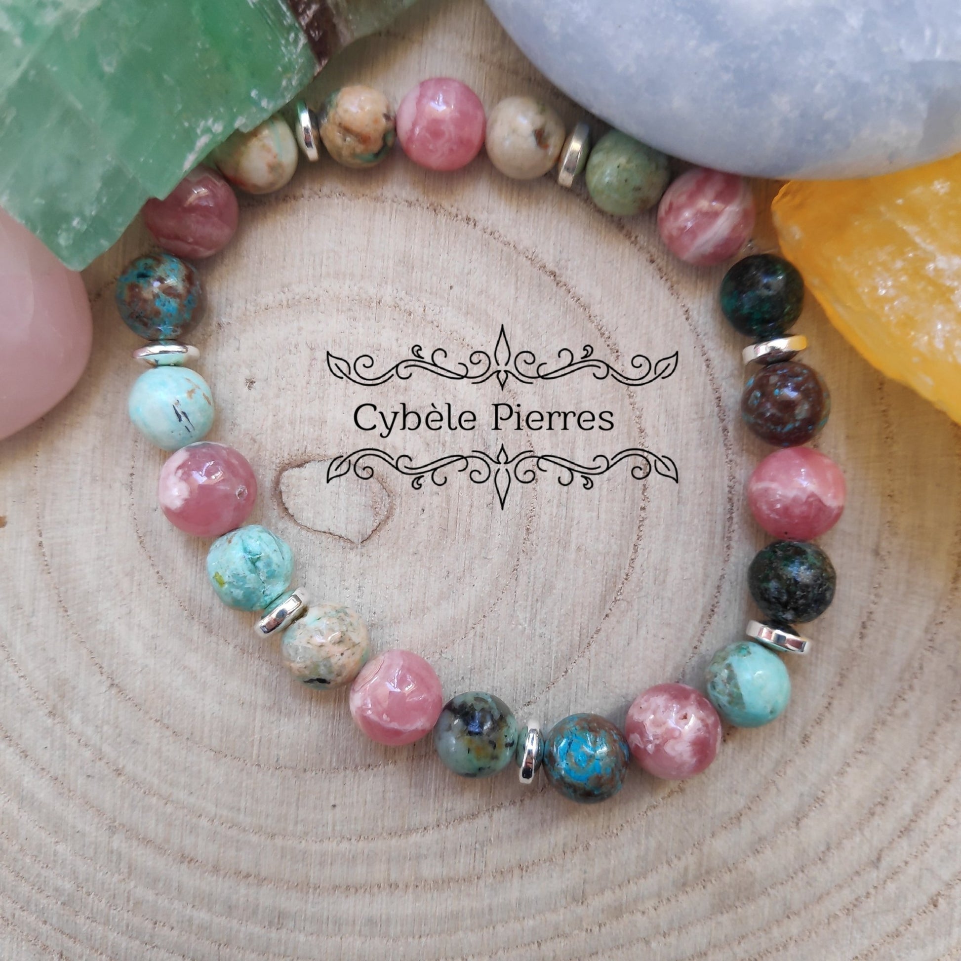Bracelet Petit Coeur - Chrysocolle Extra & Rhodochrosite (8mm) - 19cm - Cybele Pierres