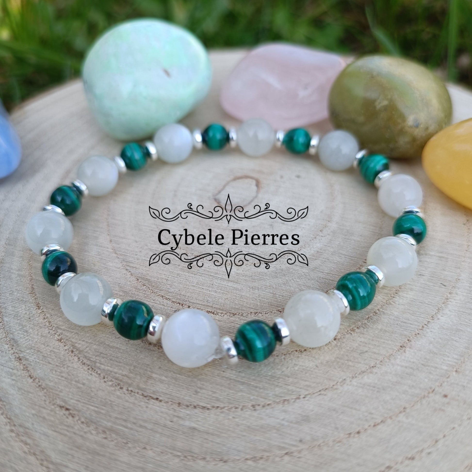 Bracelet Pierre de Lune Blanche et Malachite (6 et 8mm) - 18cm | Clarté et Transformation - Cybele Pierres