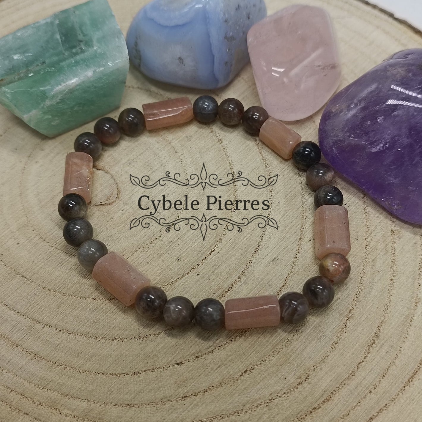Bracelet - Pierre de Soleil et Pierre de Lune (10mm et 6mm) - 18cm - Cybele Pierres