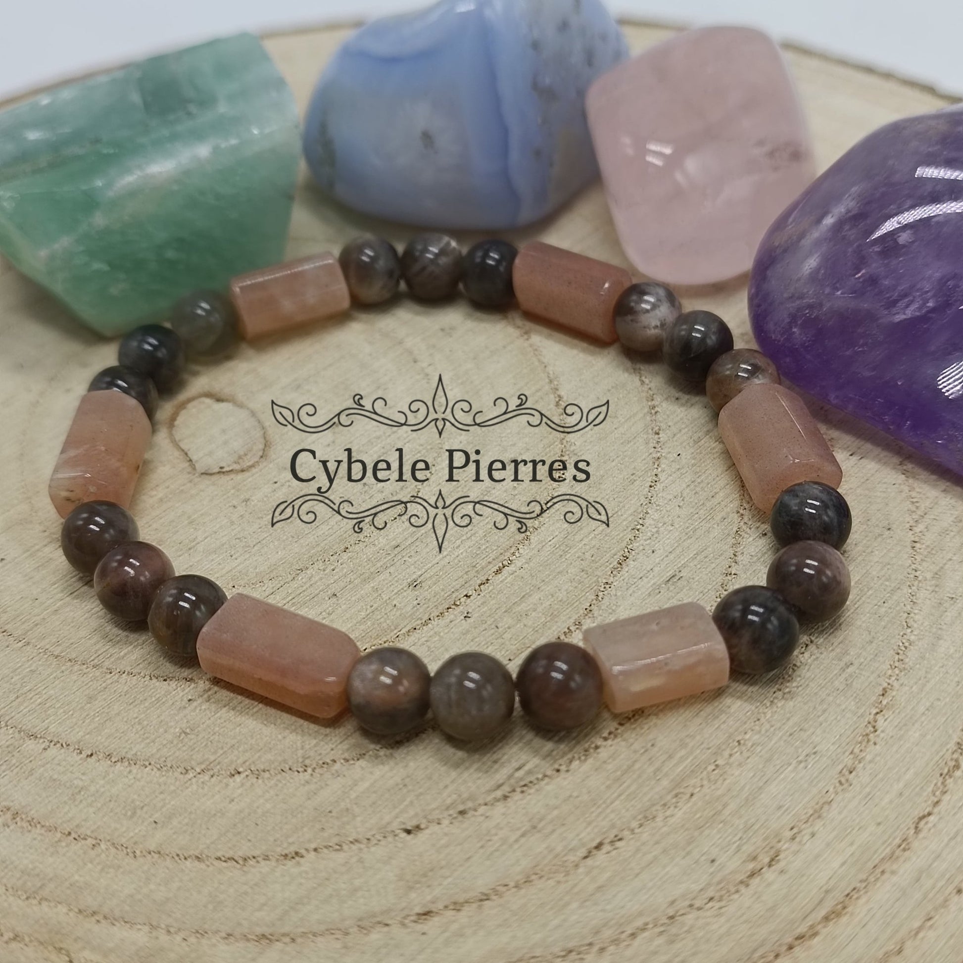 Bracelet - Pierre de Soleil et Pierre de Lune (10mm et 6mm) - 18cm - Cybele Pierres