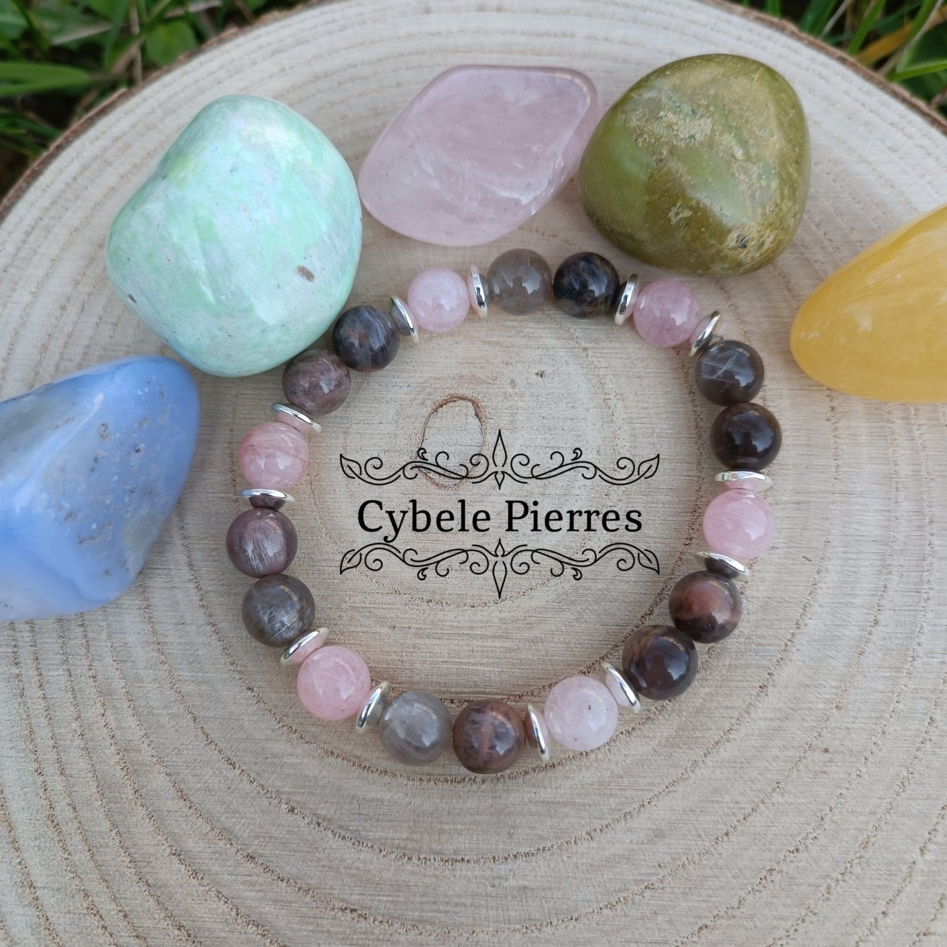 Bracelet Plaisir - Quartz rose et Pierre de Lune (8mm) - 18cm - Cybele Pierres