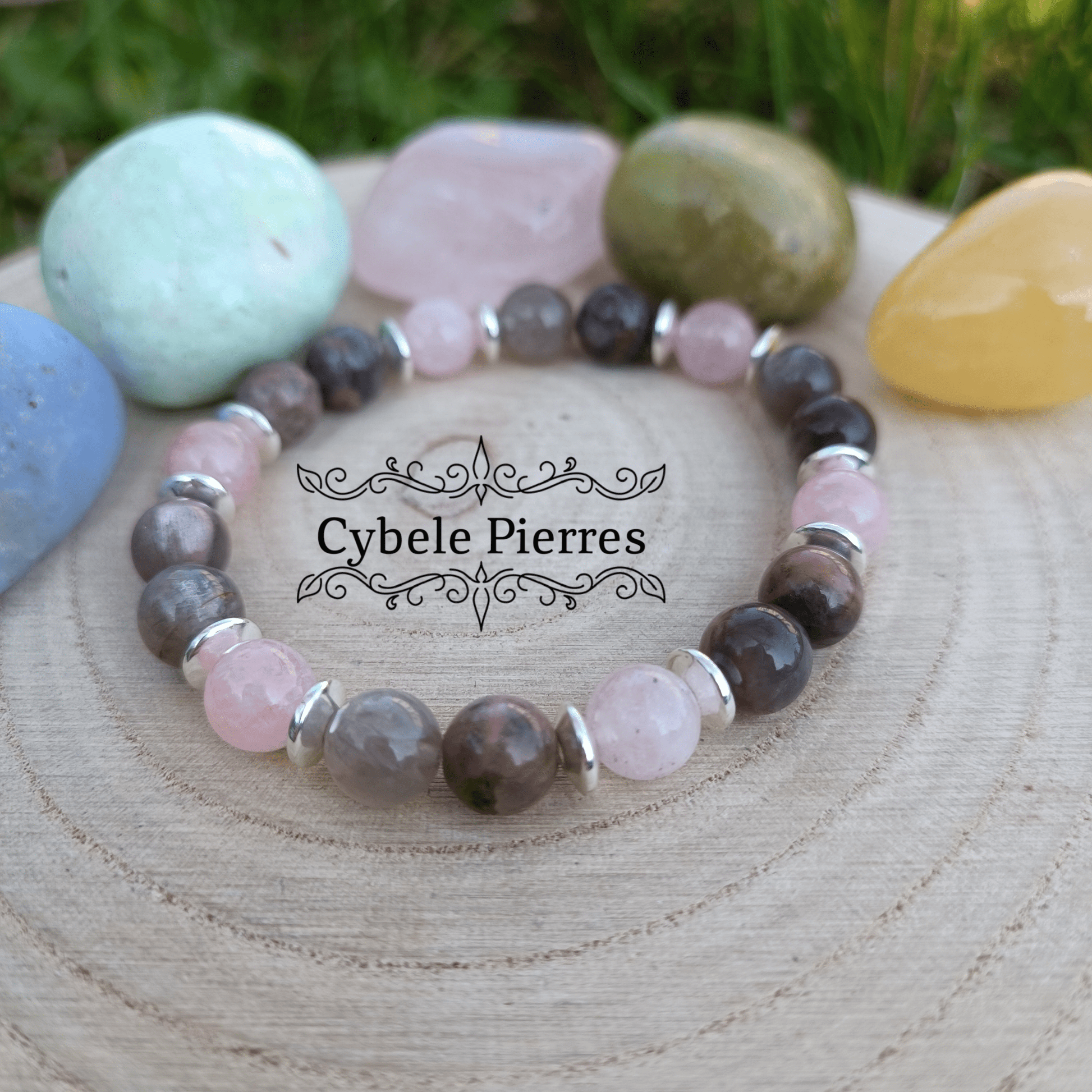 Bracelet Plaisir - Quartz rose et Pierre de Lune (8mm) - 18cm - Cybele Pierres
