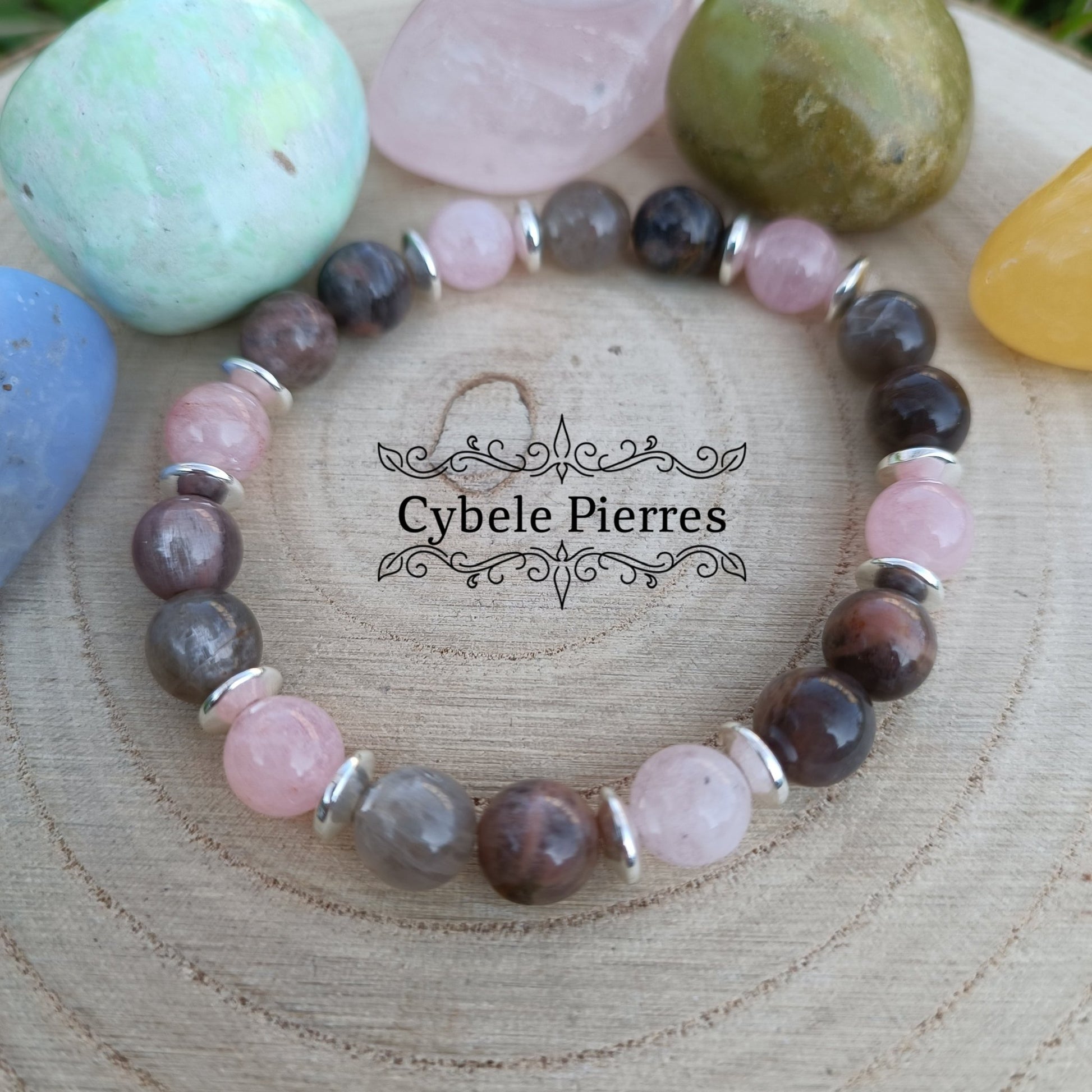 Bracelet Plaisir - Quartz rose et Pierre de Lune (8mm) - 18cm - Cybele Pierres