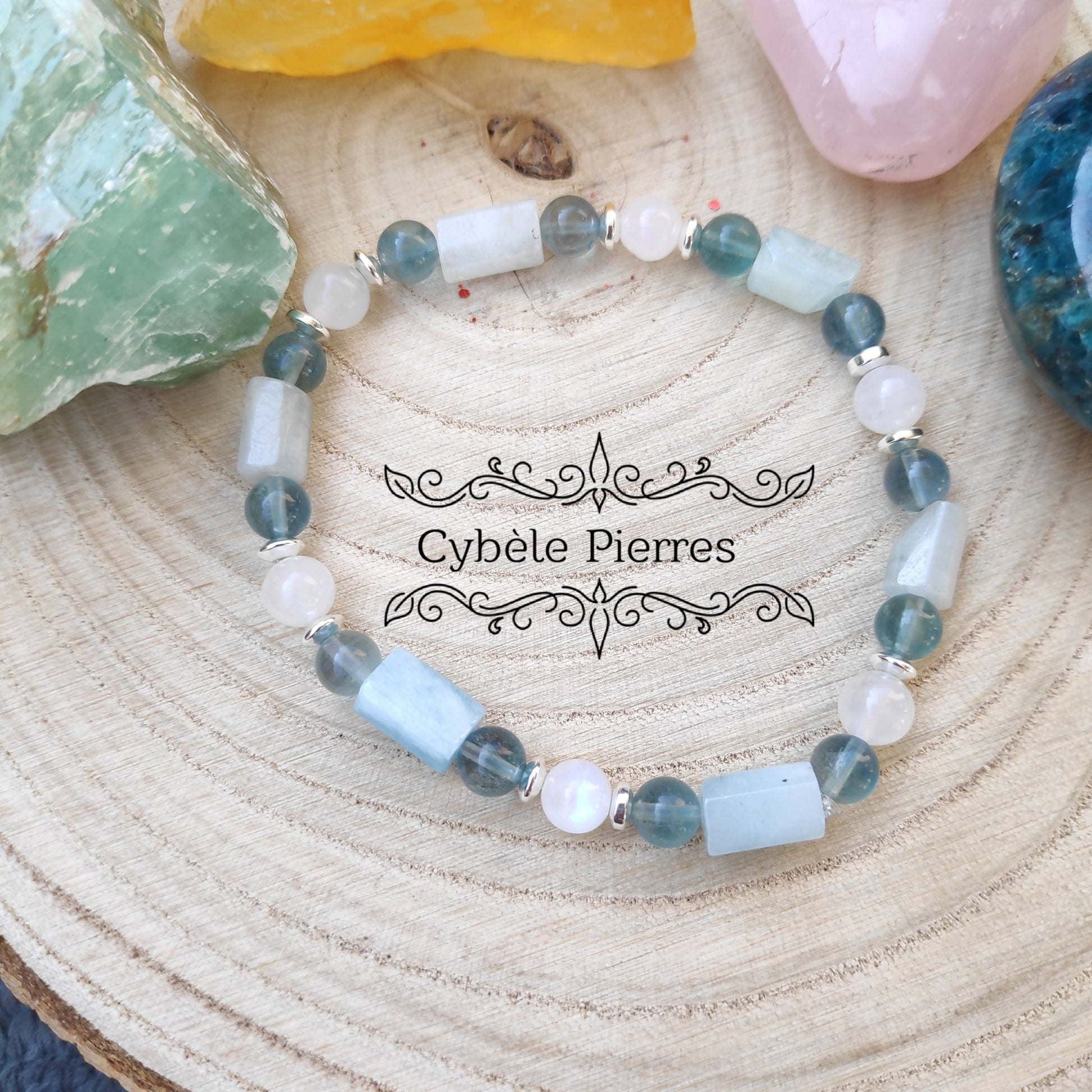 Bracelet Possibilité : Péristérite, Aigue - marine et Fluorite bleue (6mm) - 19cm - Cybele Pierres