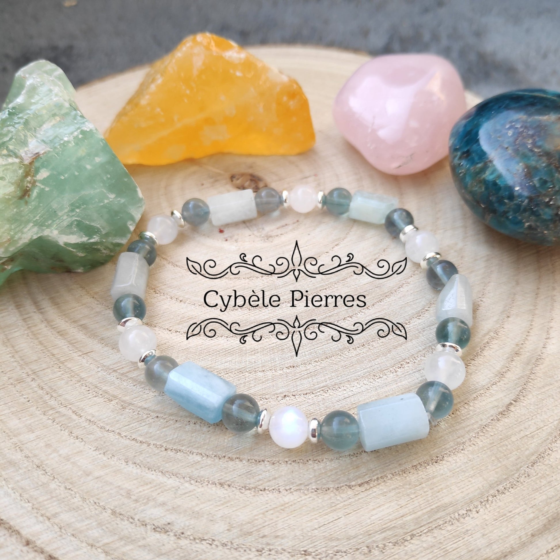 Bracelet Possibilité : Péristérite, Aigue - marine et Fluorite bleue (6mm) - 19cm - Cybele Pierres