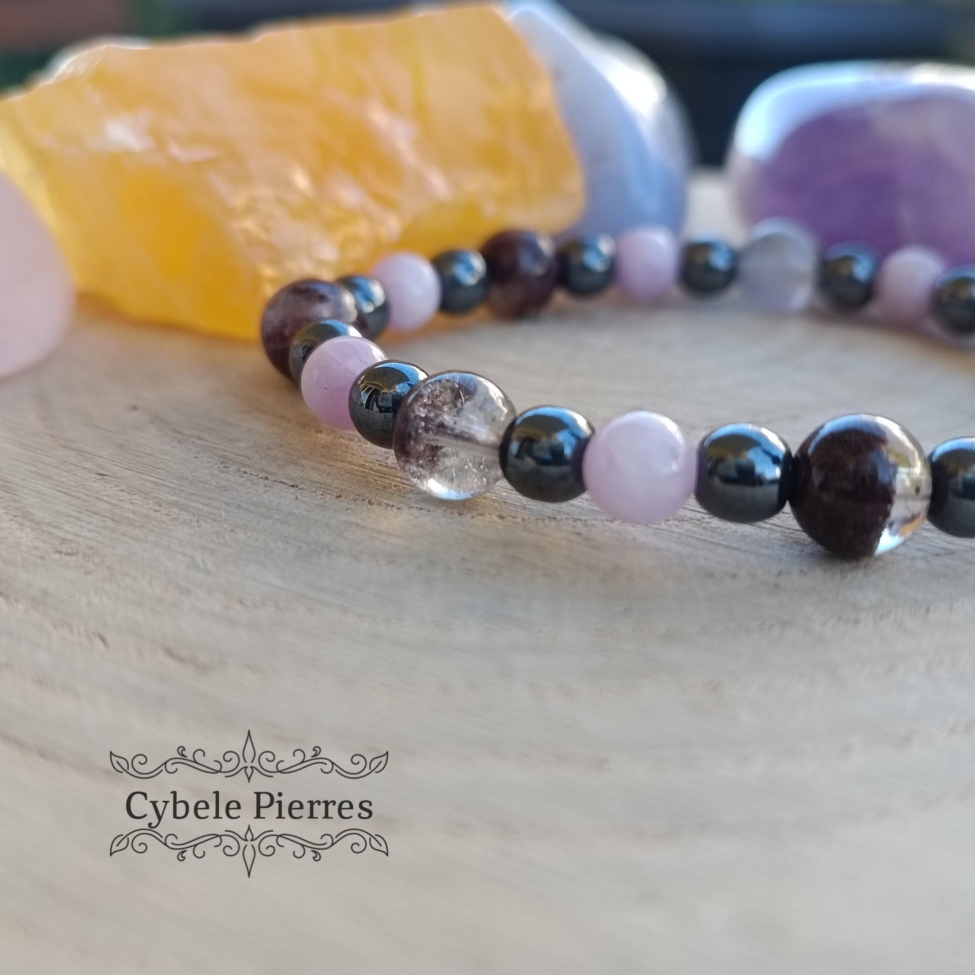Bracelet Protecteur - Kunzite, Hématite et Quartz Lodolite (6 et 8mm) - 18cm - Cybele Pierres