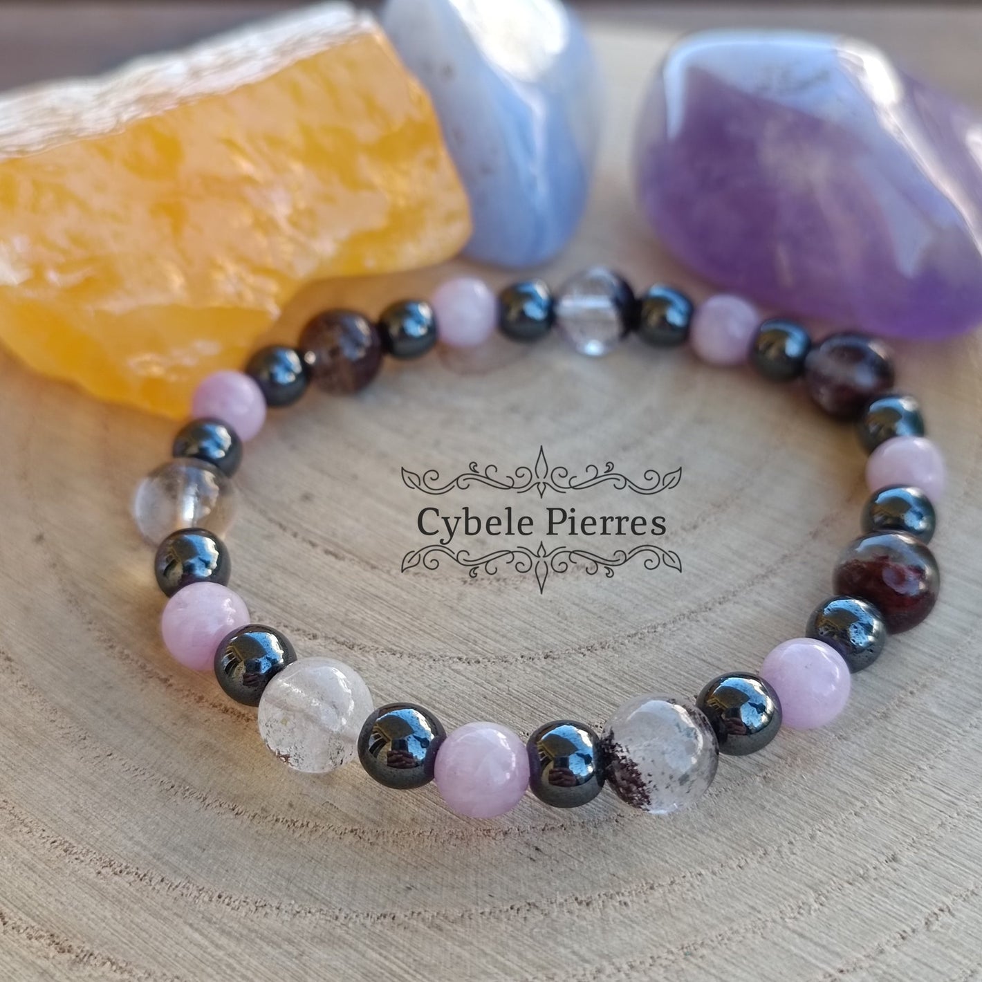 Bracelet Protecteur - Kunzite, Hématite et Quartz Lodolite (6 et 8mm) - 18cm - Cybele Pierres
