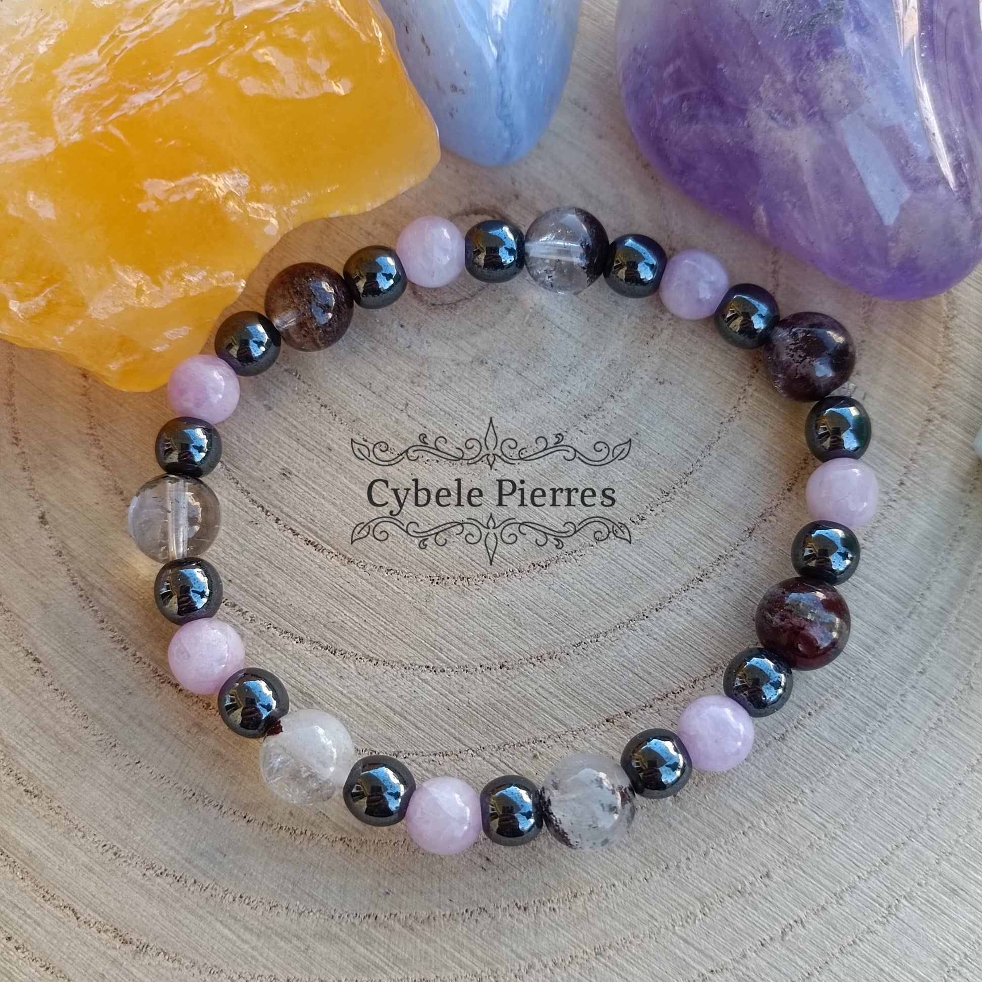 Bracelet Protecteur - Kunzite, Hématite et Quartz Lodolite (6 et 8mm) - 18cm - Cybele Pierres