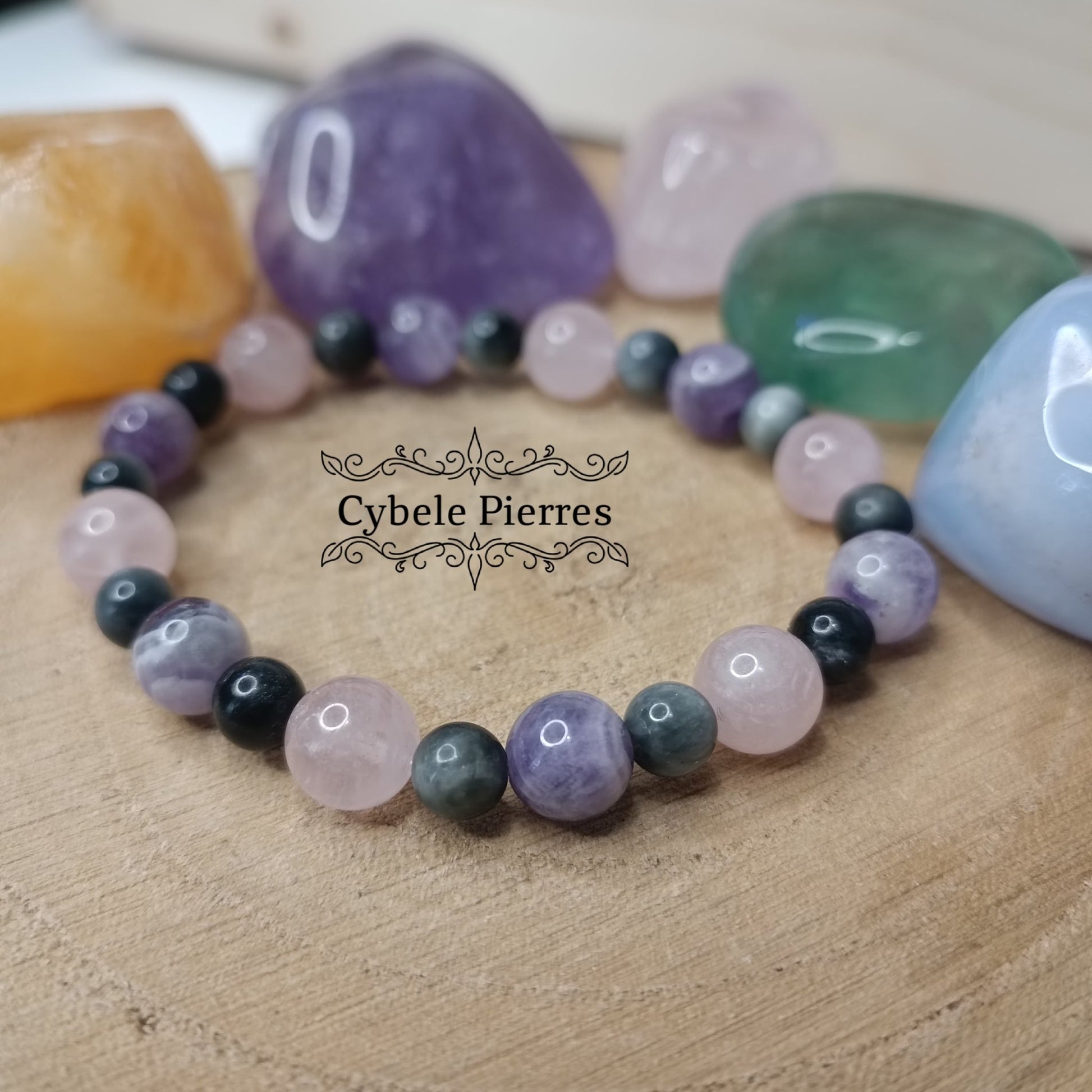 Bracelet Prouesse - Oeil de faucon, Améthyste et Quartz rose (6 et 8mm) - 17cm - Cybele Pierres