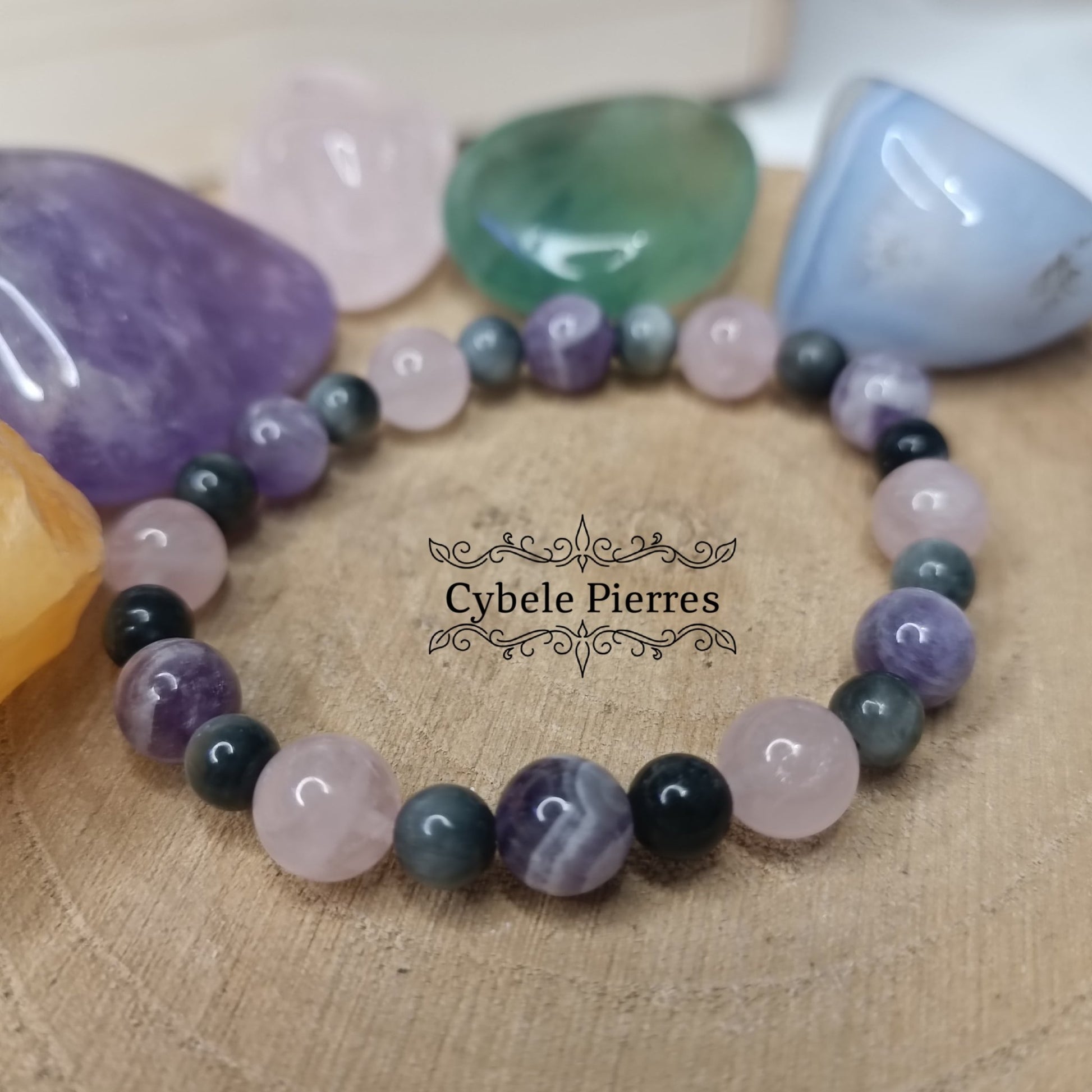 Bracelet Prouesse - Oeil de faucon, Améthyste et Quartz rose (6 et 8mm) - 17cm - Cybele Pierres