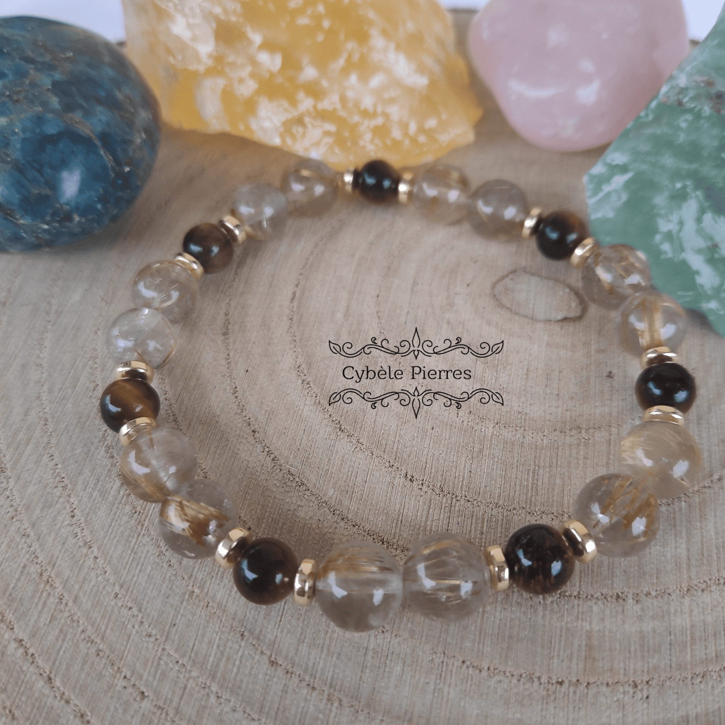 Bracelet Puissance et Force - Quartz rutile et Oeil de tigre (6 et 8mm) - 18cm - Cybele Pierres
