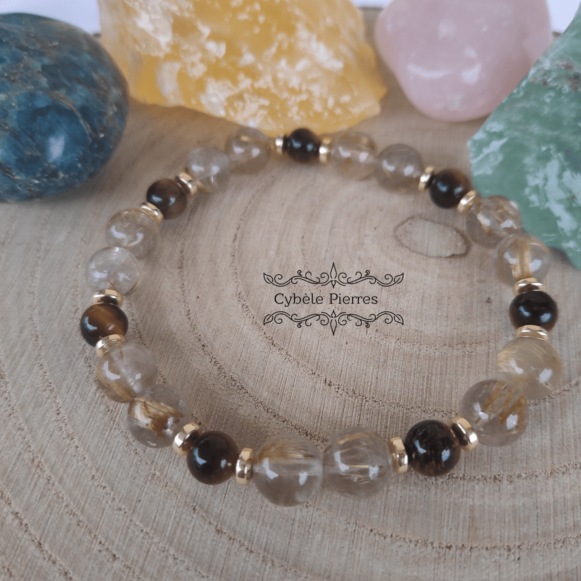 Bracelet Puissance et Force - Quartz rutile et Oeil de tigre (6 et 8mm) - 18cm - Cybele Pierres