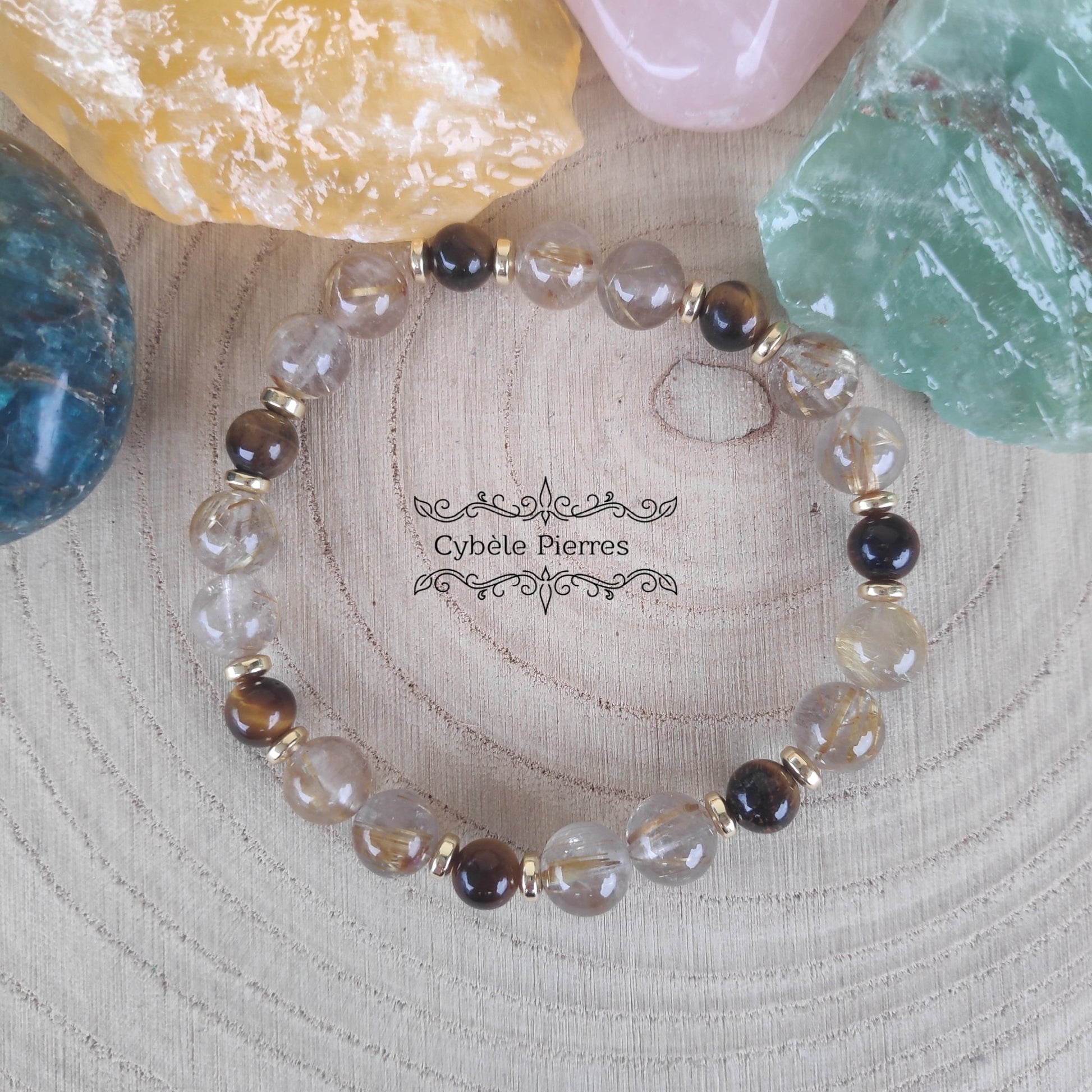 Bracelet Puissance et Force - Quartz rutile et Oeil de tigre (6 et 8mm) - 18cm - Cybele Pierres