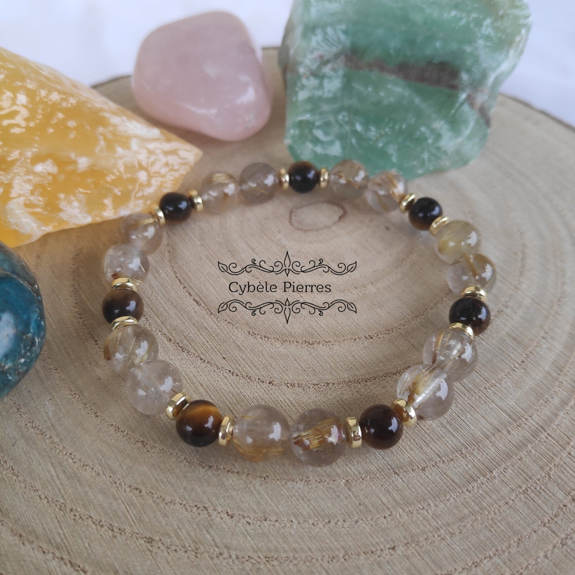 Bracelet Puissance et Force - Quartz rutile et Oeil de tigre (6 et 8mm) - 18cm - Cybele Pierres