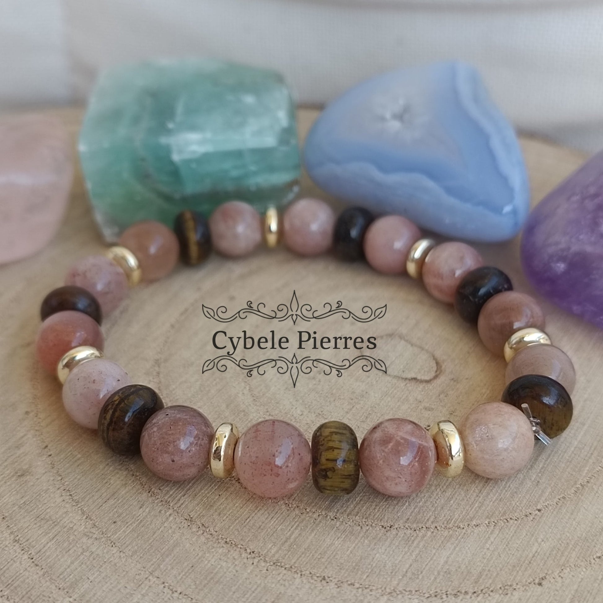 Bracelet Rayon de Soleil - Pierre de Soleil et Oeil de tigre (4mm et 8mm) - 17cm - Cybele Pierres