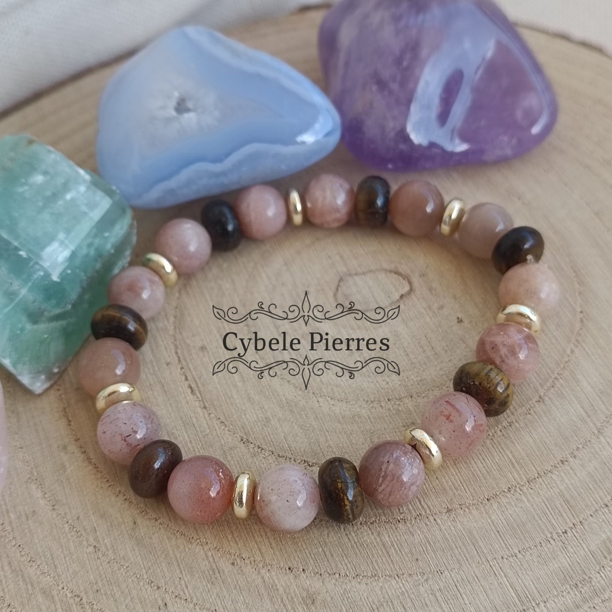 Bracelet Rayon de Soleil - Pierre de Soleil et Oeil de tigre (4mm et 8mm) - 17cm - Cybele Pierres