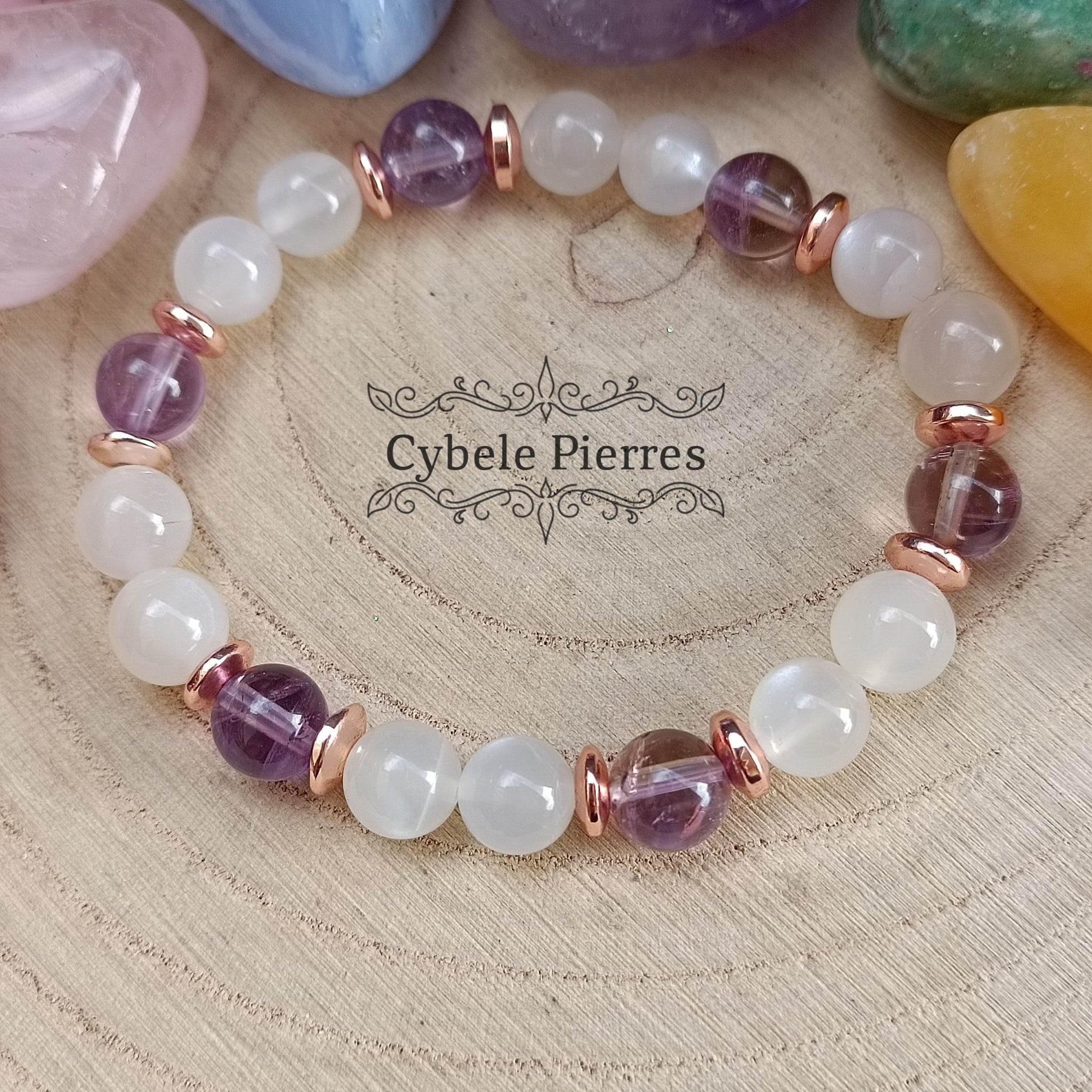 Bracelet Réconfort et Elegance - Pierre de lune blanche et Amétrine (8mm) - 18cm - Cybele Pierres