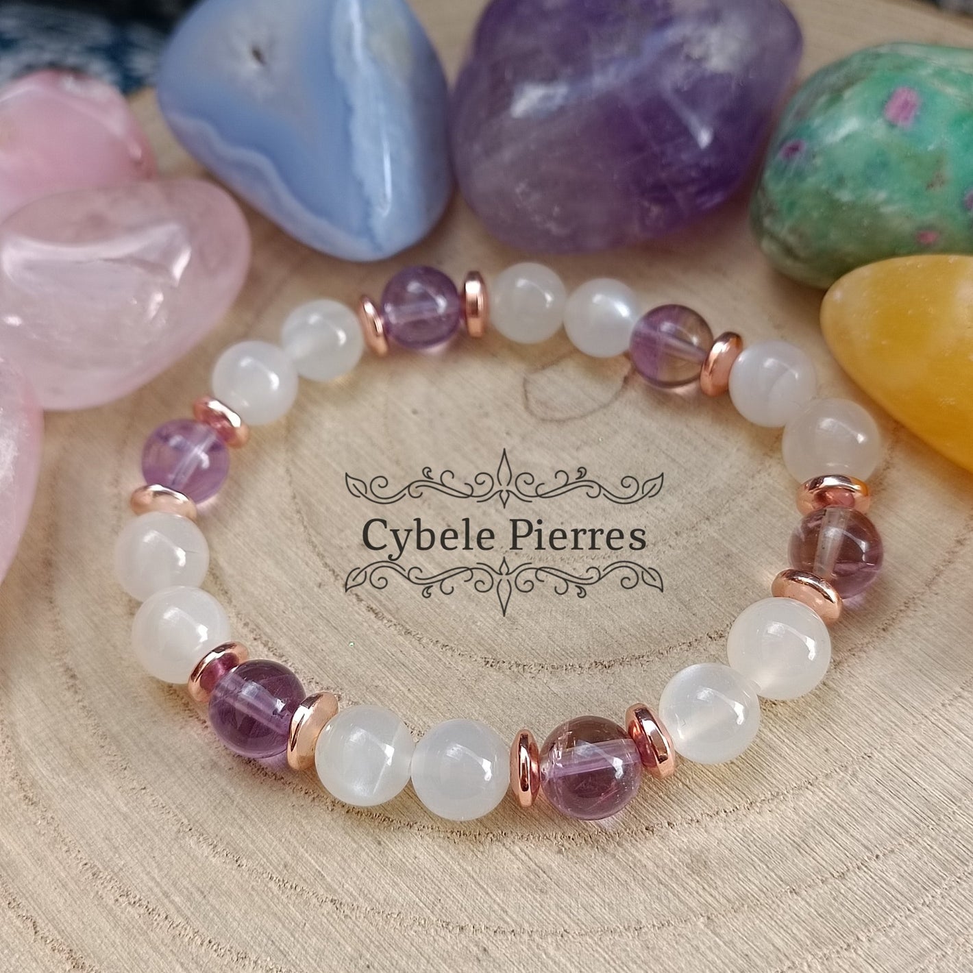 Bracelet Réconfort et Elegance - Pierre de lune blanche et Amétrine (8mm) - 18cm - Cybele Pierres