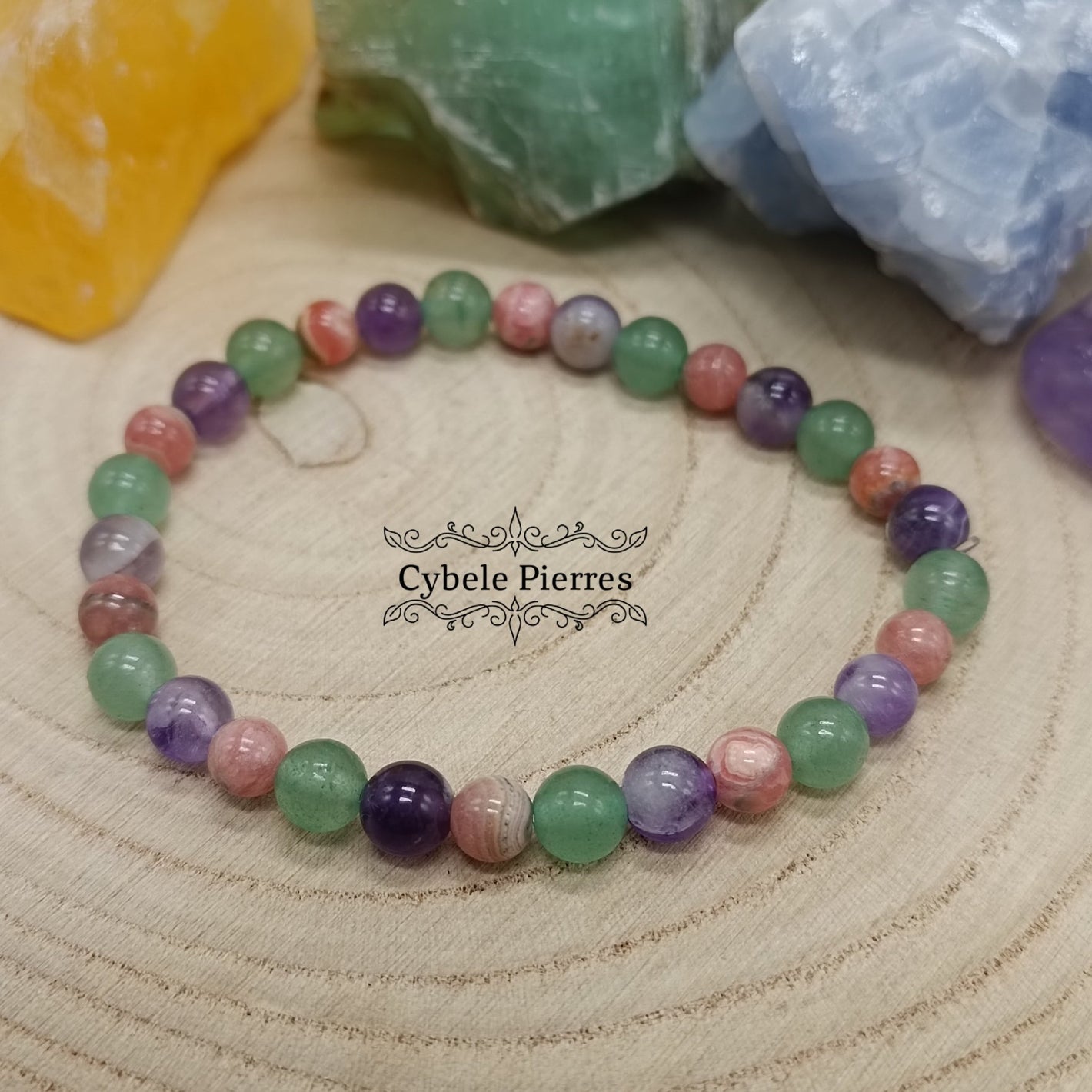 Bracelet Réconfort et Protection - Aventurine verte, Améthyste et Rhodochrosite (6mm) - 17cm - Cybele Pierres