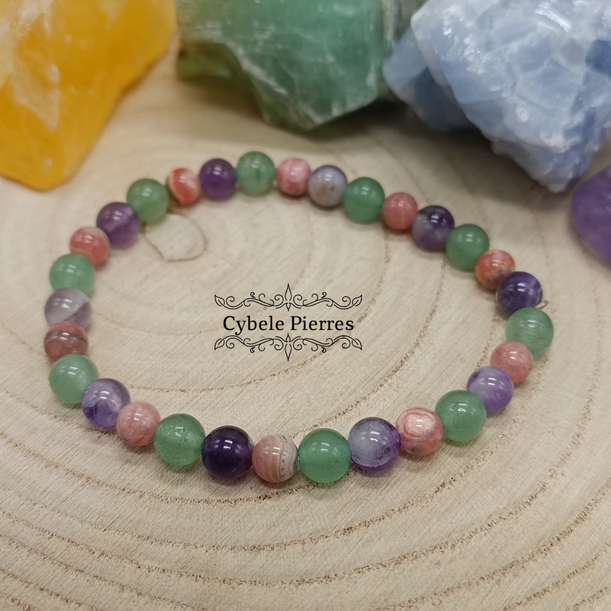 Bracelet Réconfort et Protection - Aventurine verte, Améthyste et Rhodochrosite (6mm) - 17cm - Cybele Pierres