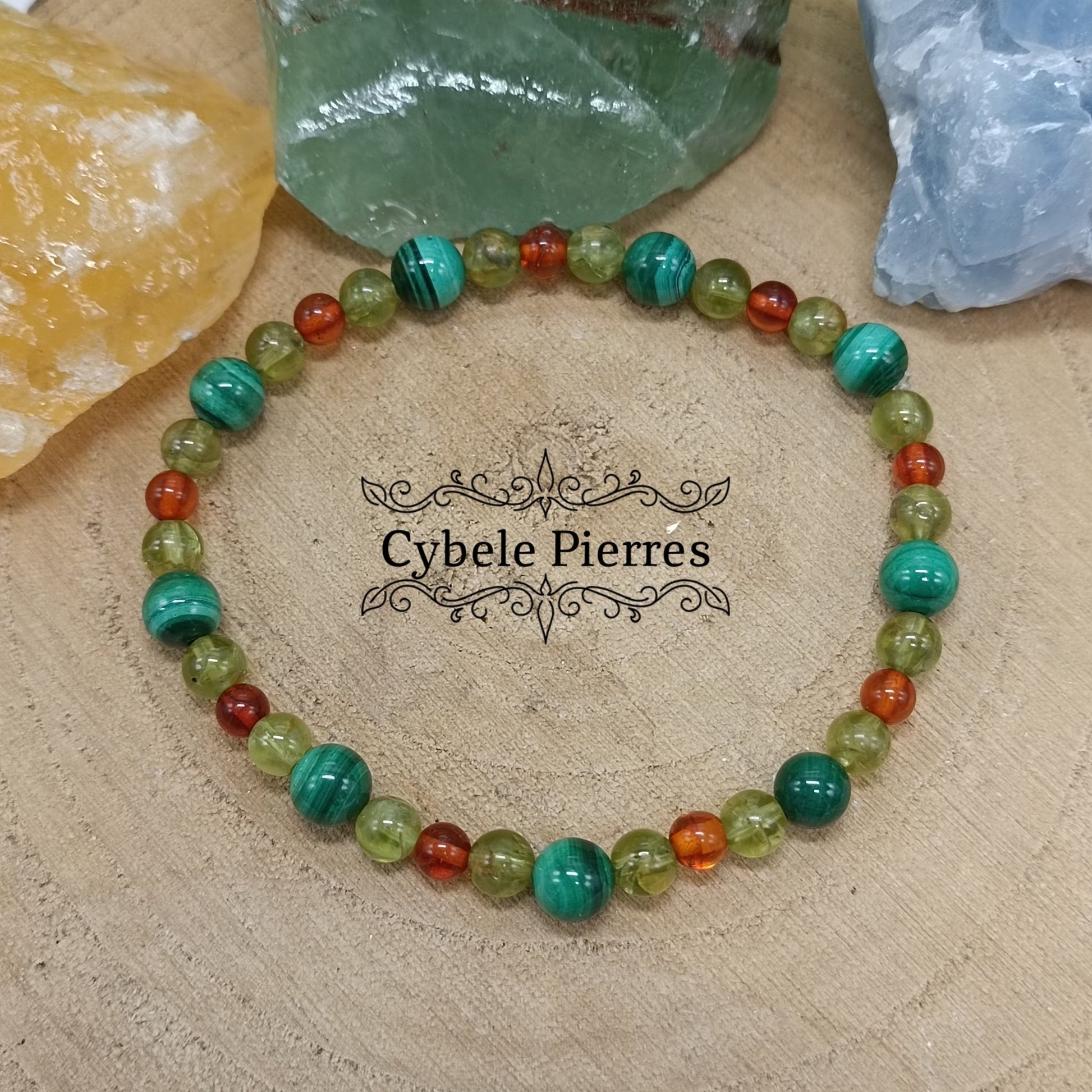 Bracelet Réflexion et Choix - Malachite, Ambre, Apatite verte (3 et 4mm) - 18cm - Cybele Pierres