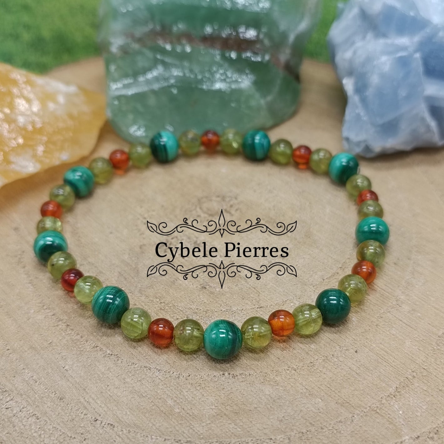 Bracelet Réflexion et Choix - Malachite, Ambre, Apatite verte (3 et 4mm) - 18cm - Cybele Pierres