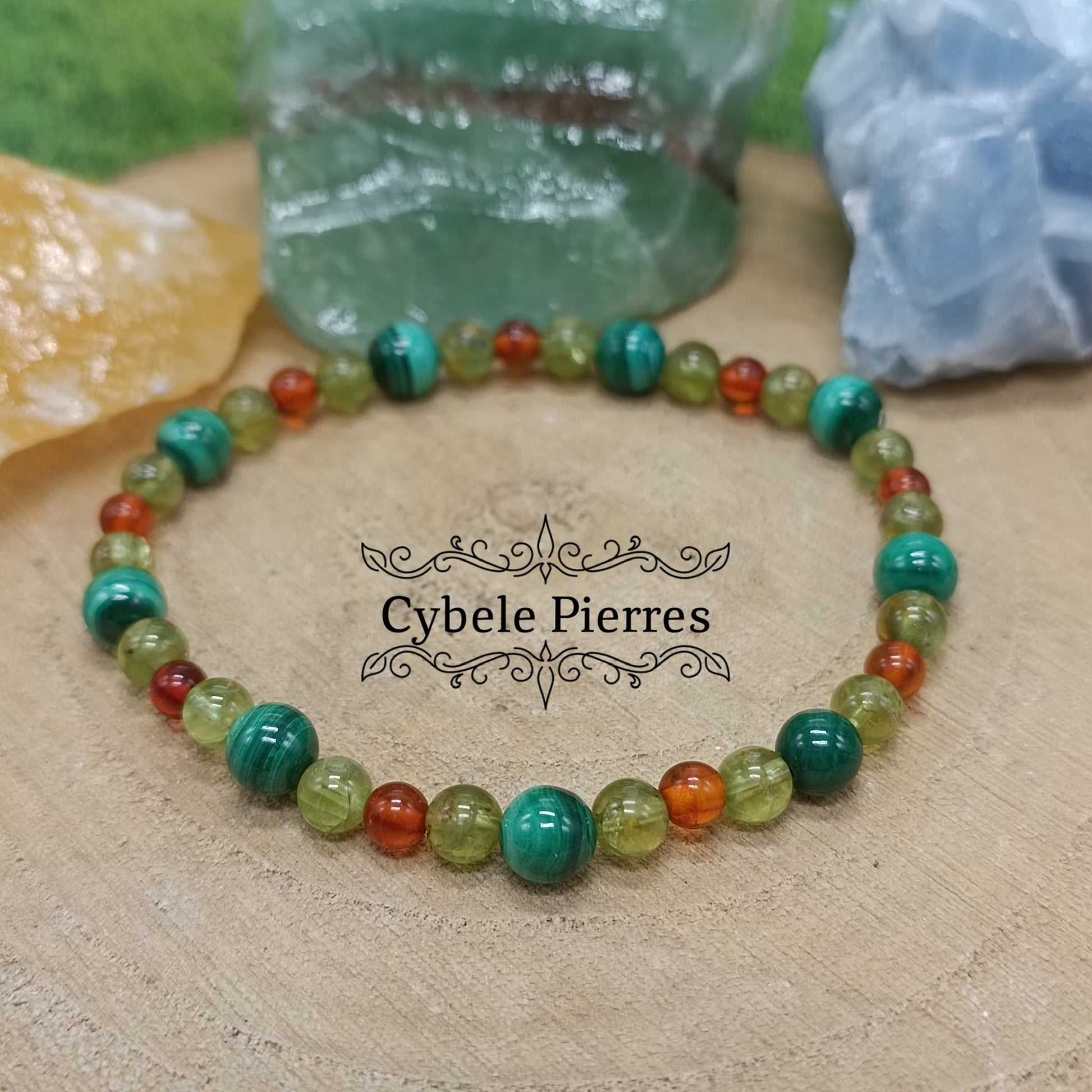 Bracelet Réflexion et Choix - Malachite, Ambre, Apatite verte (3 et 4mm) - 18cm - Cybele Pierres