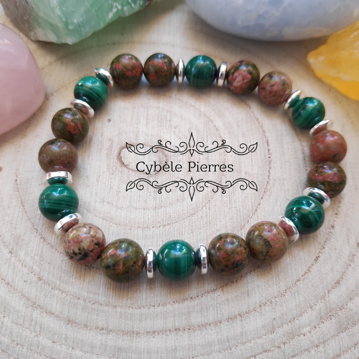 Bracelet Reflexion et Confiance - Unakite et Malachite (8mm) - 17cm - Cybele Pierres