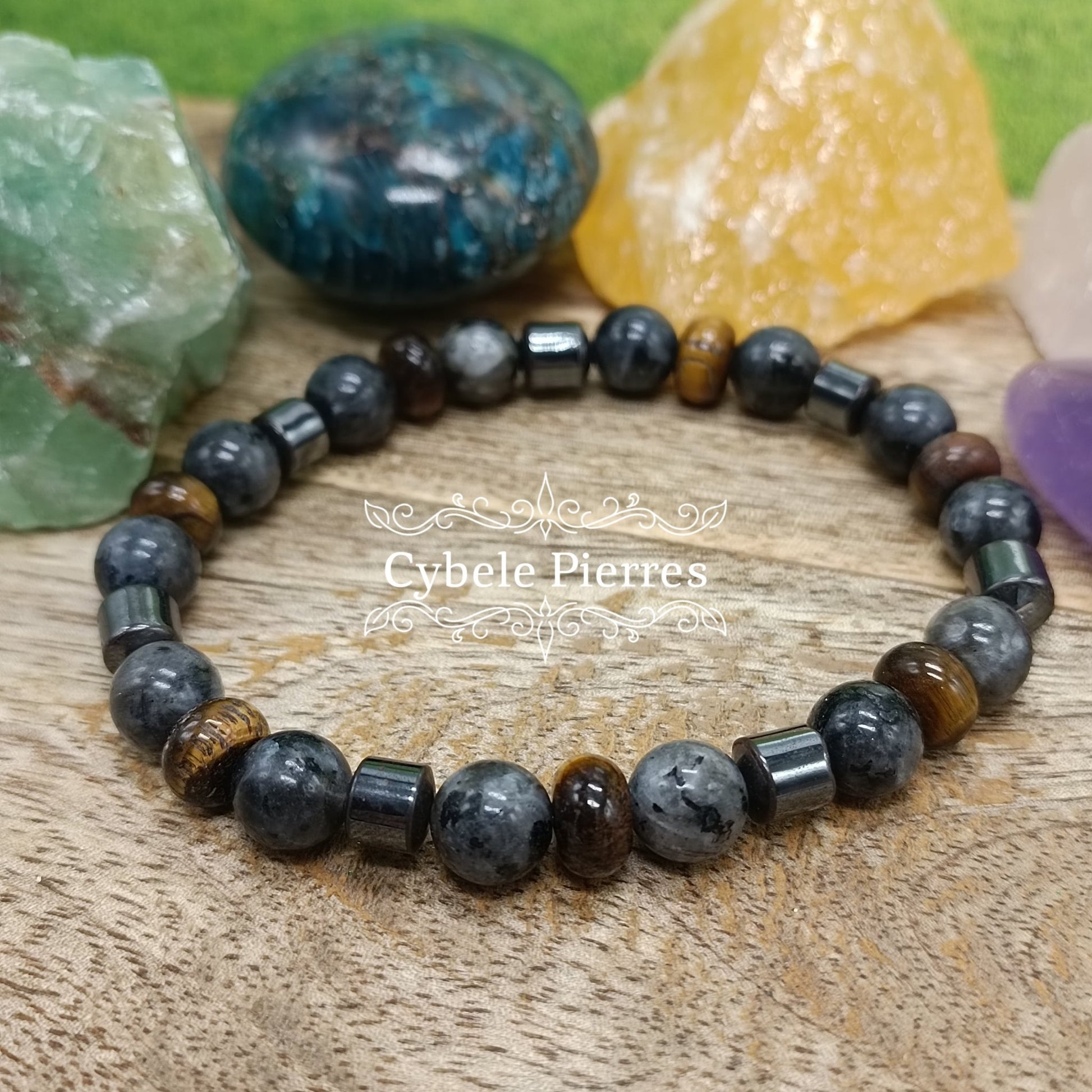 Bracelet "Reflexion" - Larvikite et Oeil de tigre (4mm et 8mm) - 17cm - Cybele Pierres