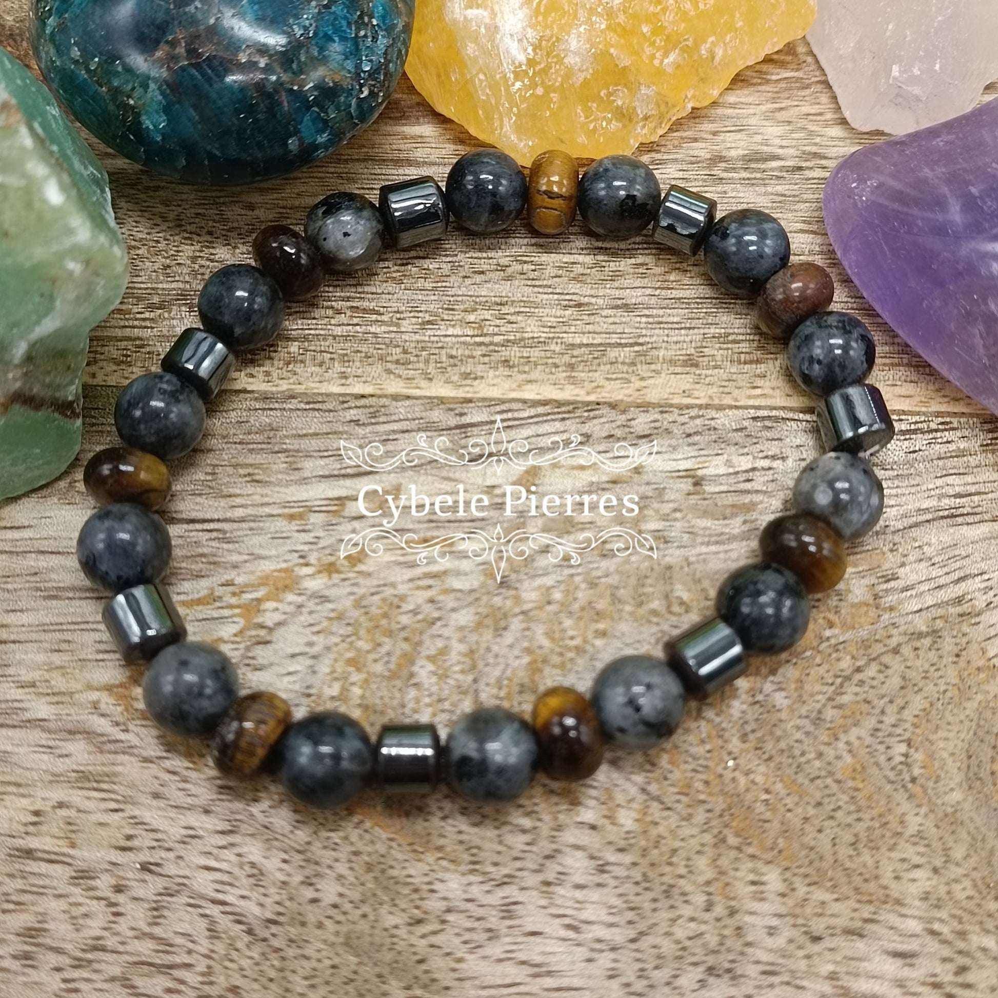 Bracelet "Reflexion" - Larvikite et Oeil de tigre (4mm et 8mm) - 17cm - Cybele Pierres