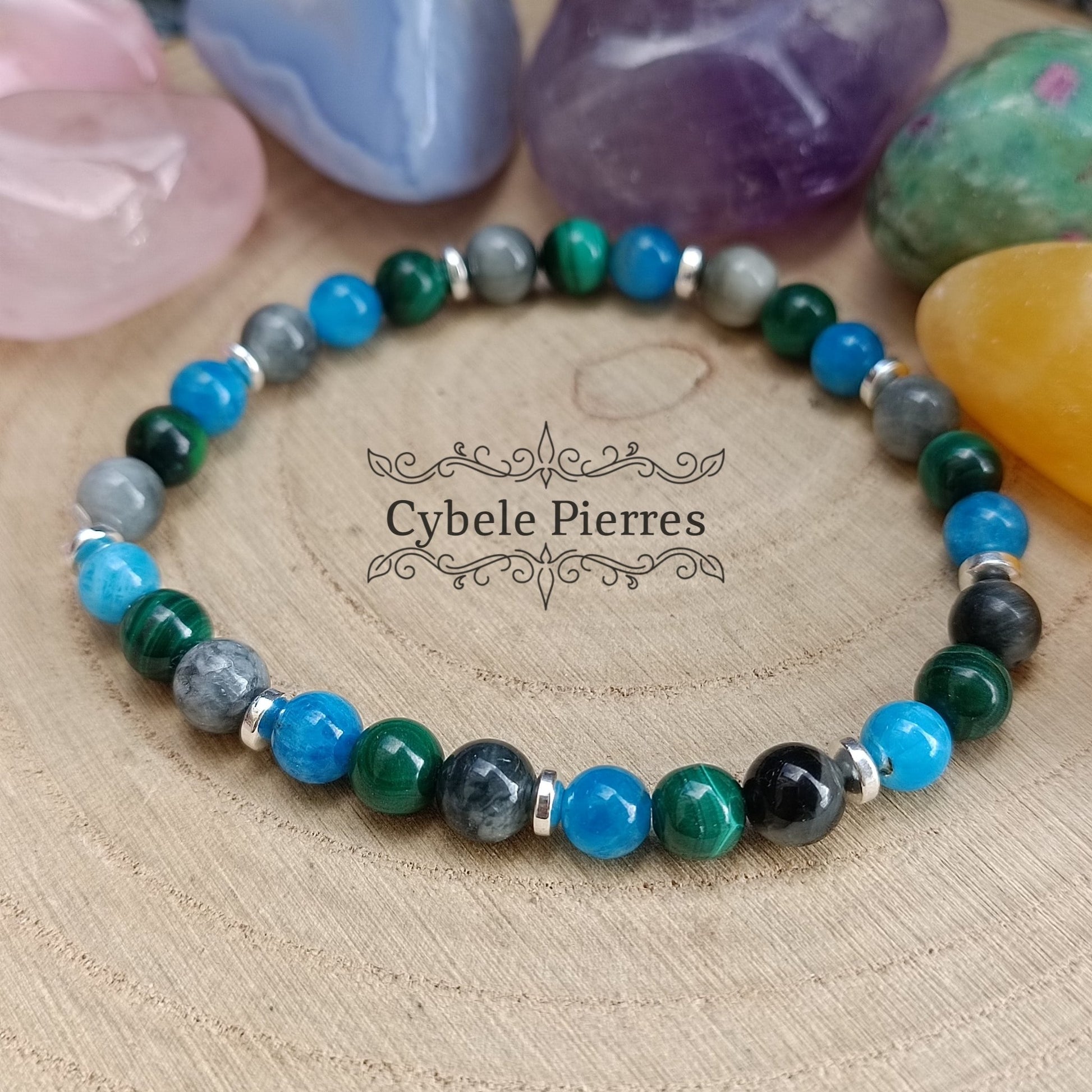 Bracelet Réflexions : Oeil de faucon, Malachite et Apatite bleue (6mm) - 18cm - Cybele Pierres