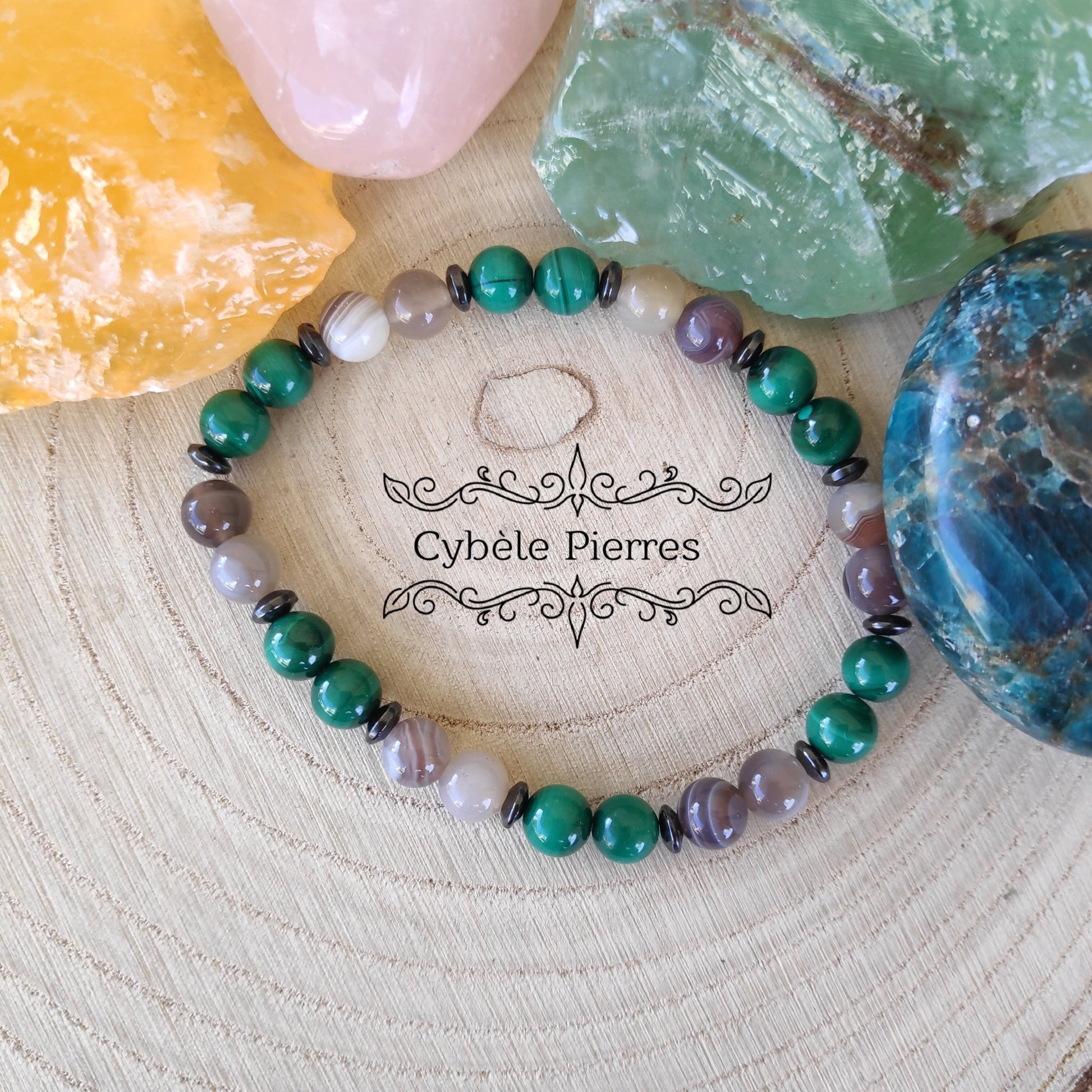 Bracelet Respire - Malachite et Agate Rubanée (6mm) - 17cm - Cybele Pierres