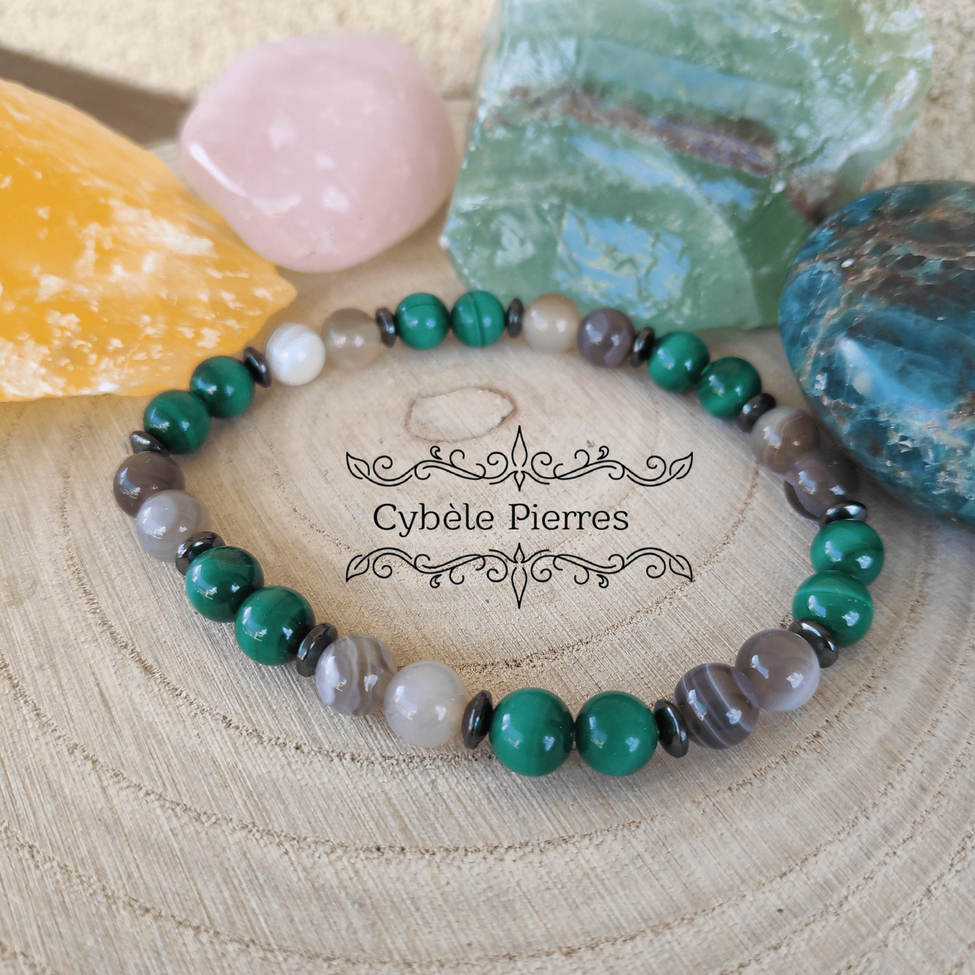Bracelet Respire - Malachite et Agate Rubanée (6mm) - 17cm - Cybele Pierres