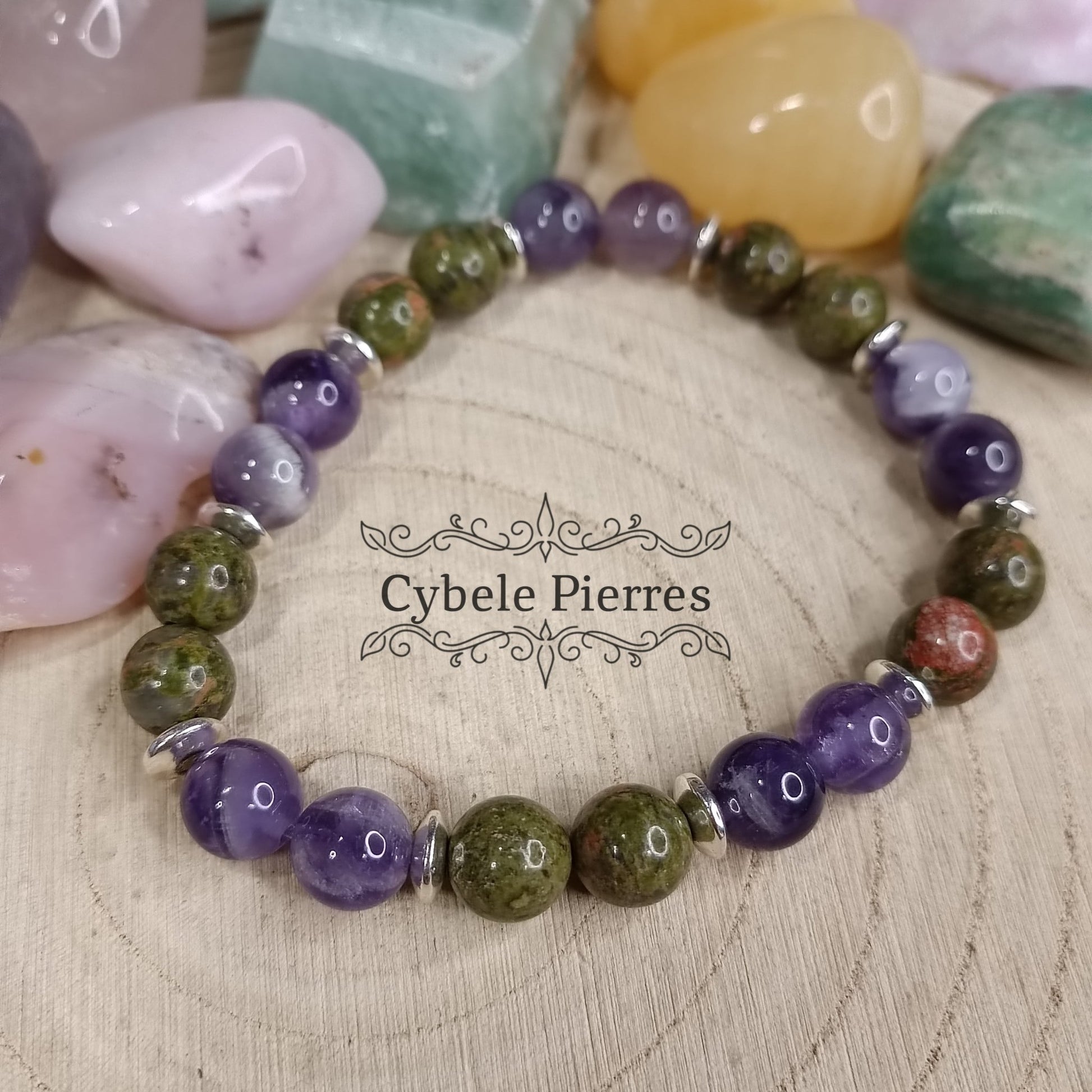 Bracelet Responsabilité - Améthyste et Unakite (8mm) - 19cm - Cybele Pierres