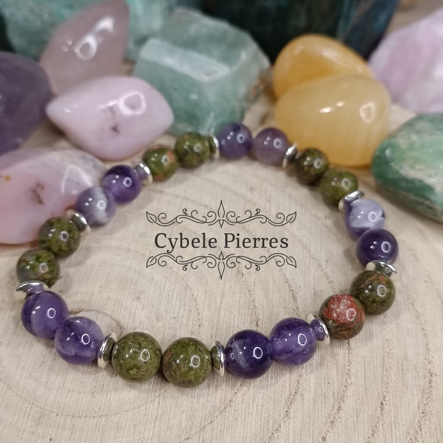 Bracelet Responsabilité - Améthyste et Unakite (8mm) - 19cm - Cybele Pierres