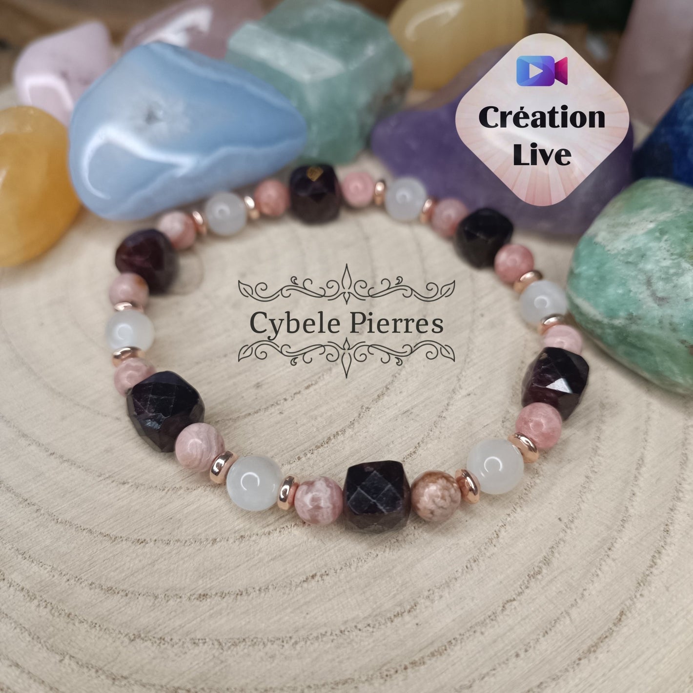 Bracelet Rose dorée "Belle Epoque" - Pierre de lune, Rhodochrosite et Grenat carré facetté (6 et 10mm) - 18cm - Cybele Pierres