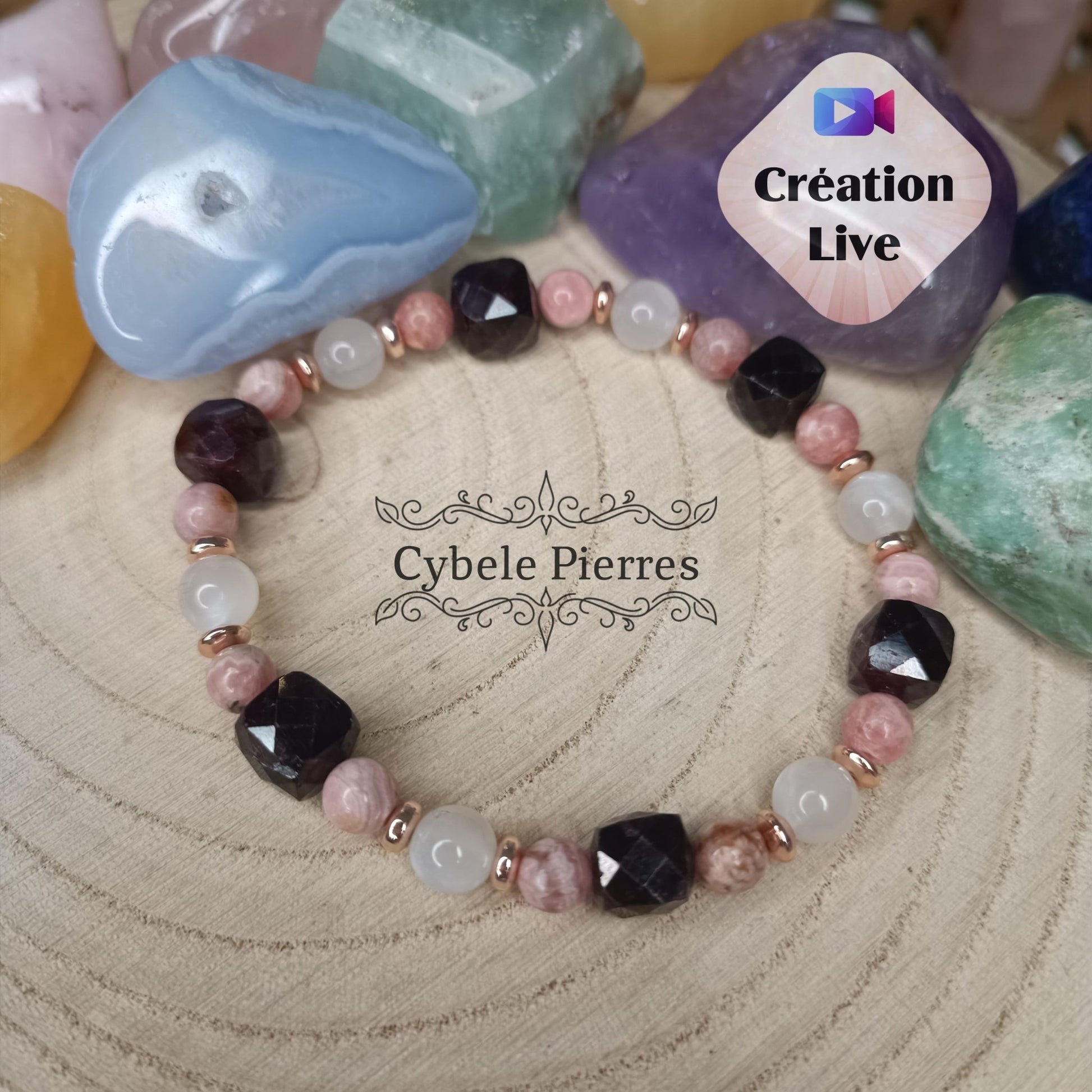 Bracelet Rose dorée "Belle Epoque" - Pierre de lune, Rhodochrosite et Grenat carré facetté (6 et 10mm) - 18cm - Cybele Pierres